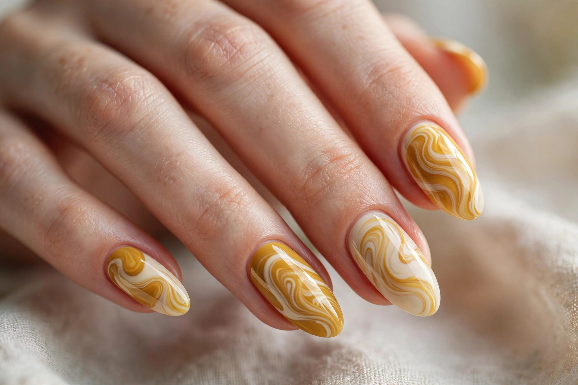 Elegant woman's hand with mustard yellow and cream swirl nail art