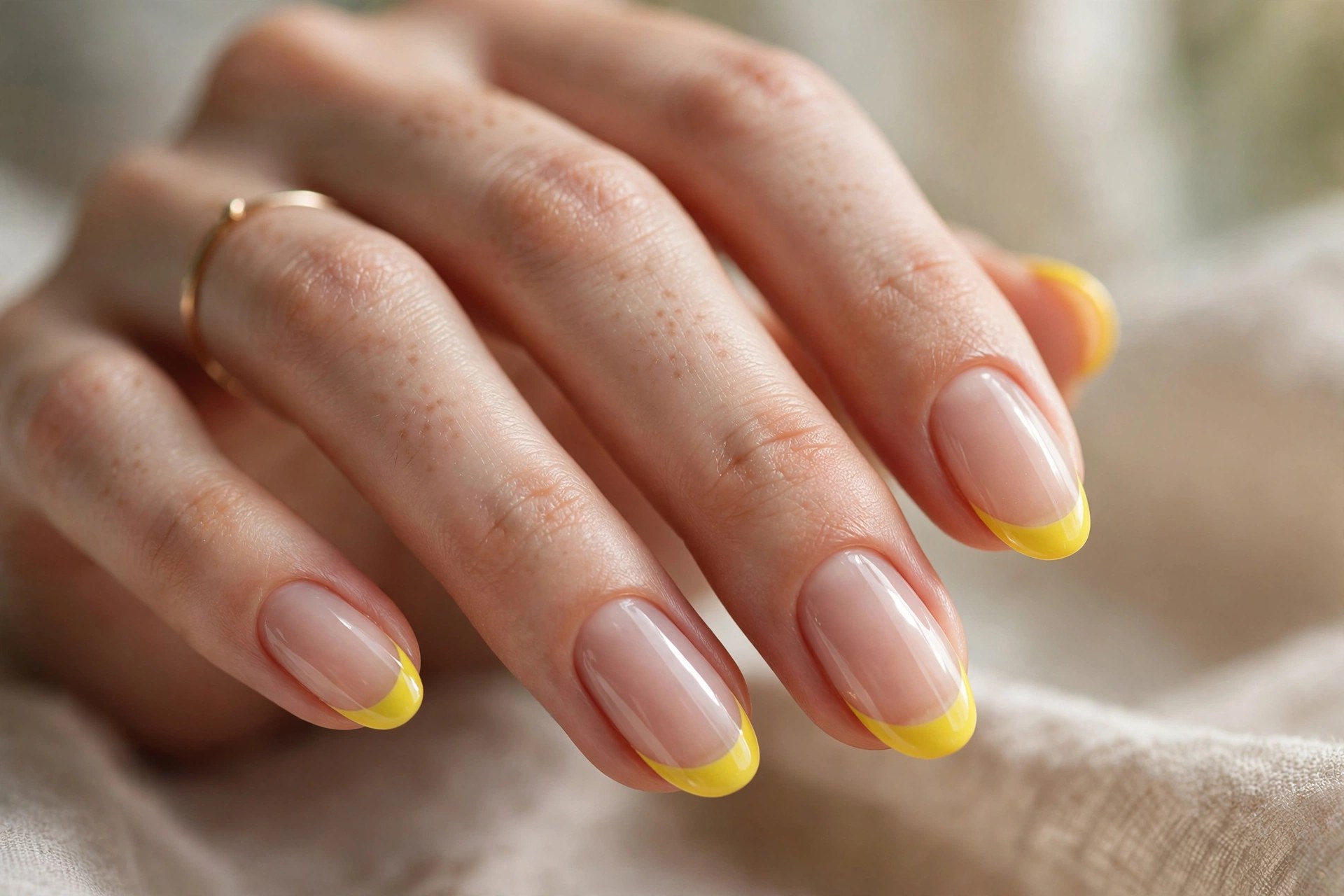 Elegant woman's hand with bright canary yellow french tip nails