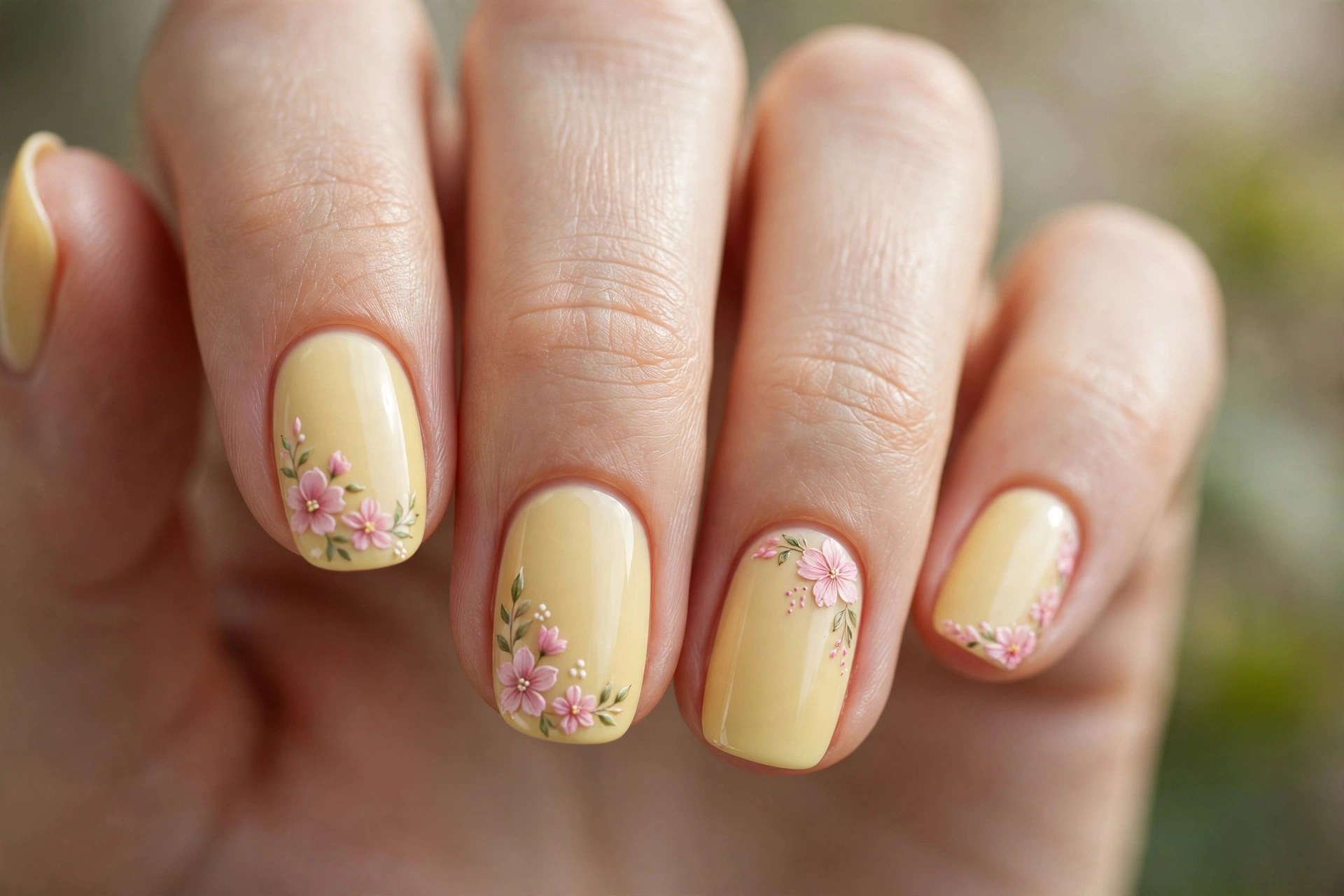 Elegant woman's hand with buttermilk yellow nails and floral accents