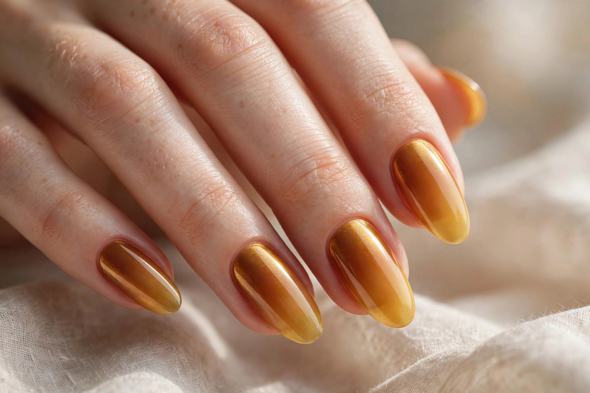 Elegant woman's hand with amber gold to honey gradient ombre nails