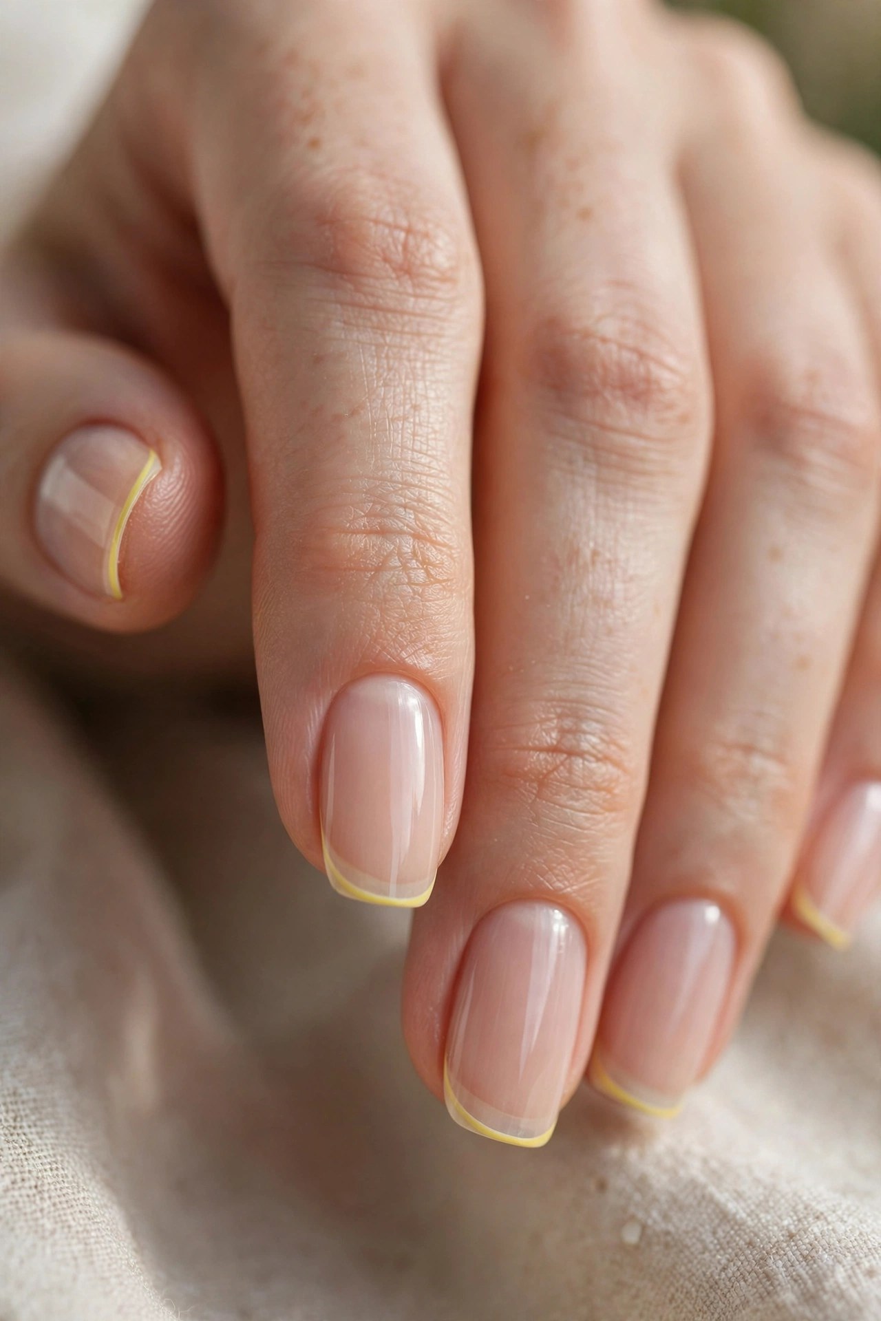Elegant woman's hand with nude nails and yellow micro french tips