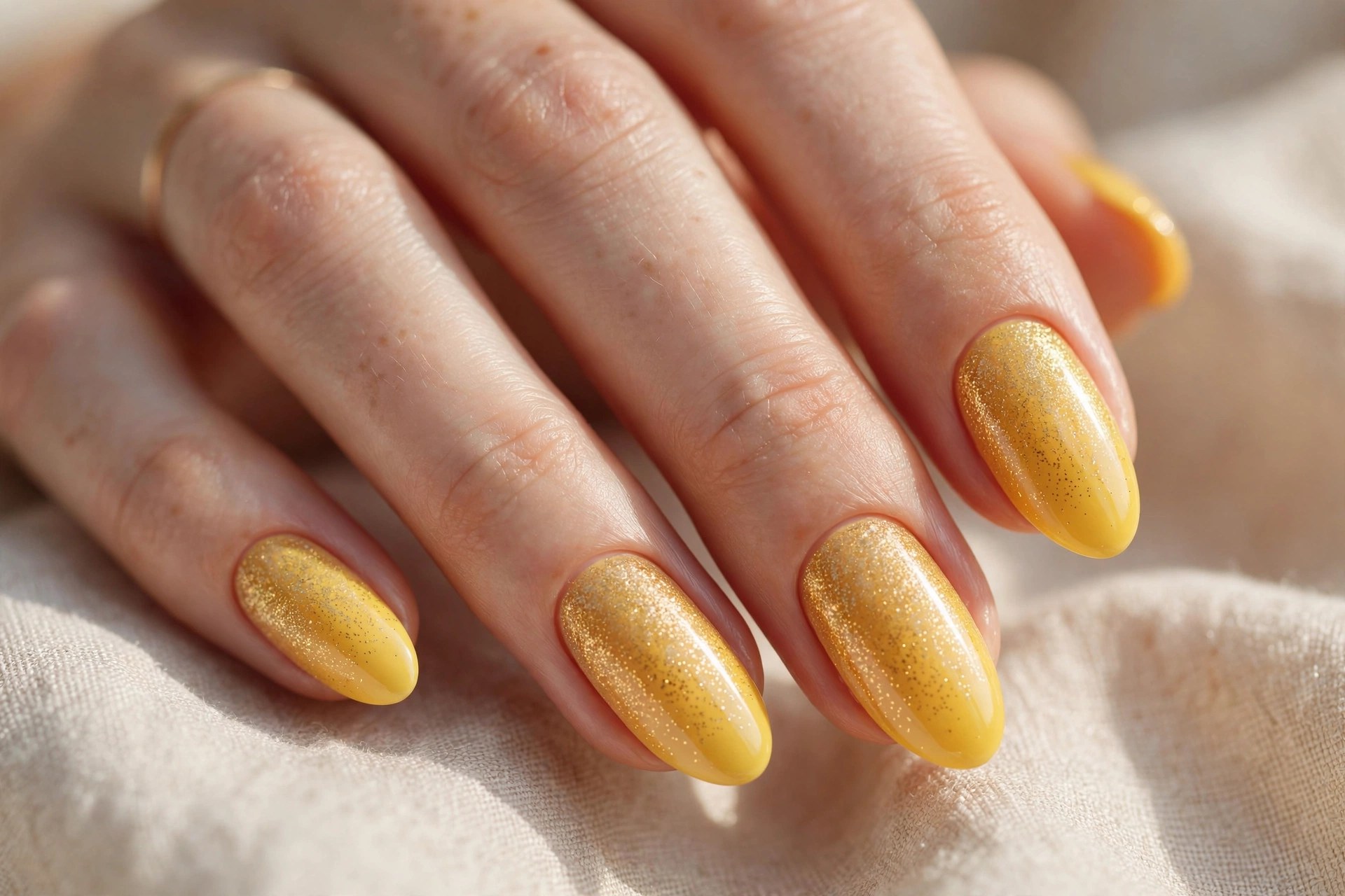 Elegant woman's hand with yellow nails and golden shimmer top coat