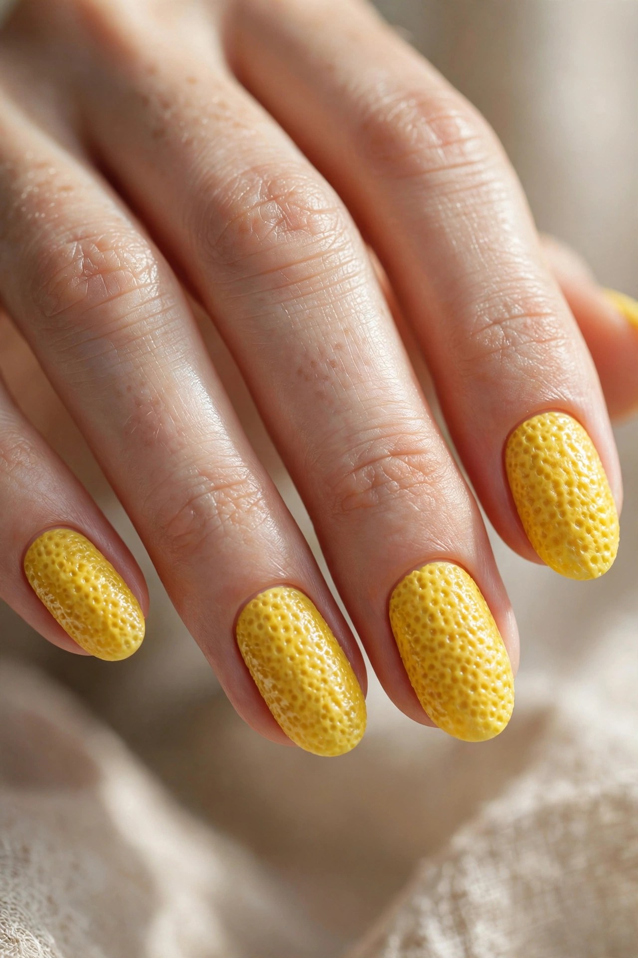 Elegant woman's hand with textured yellow citrus peel finish nails