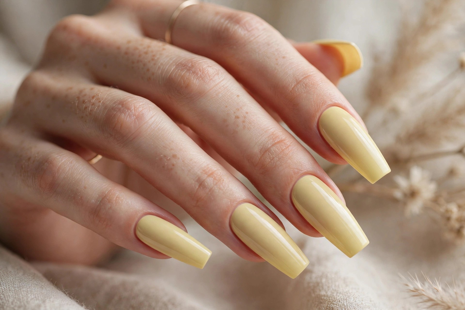 Elegant woman's hand with pale straw yellow long coffin nails