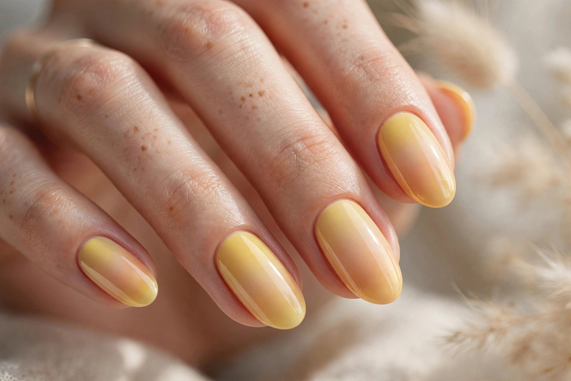 Elegant woman's hand with butter yellow to peachy gold ombre nails