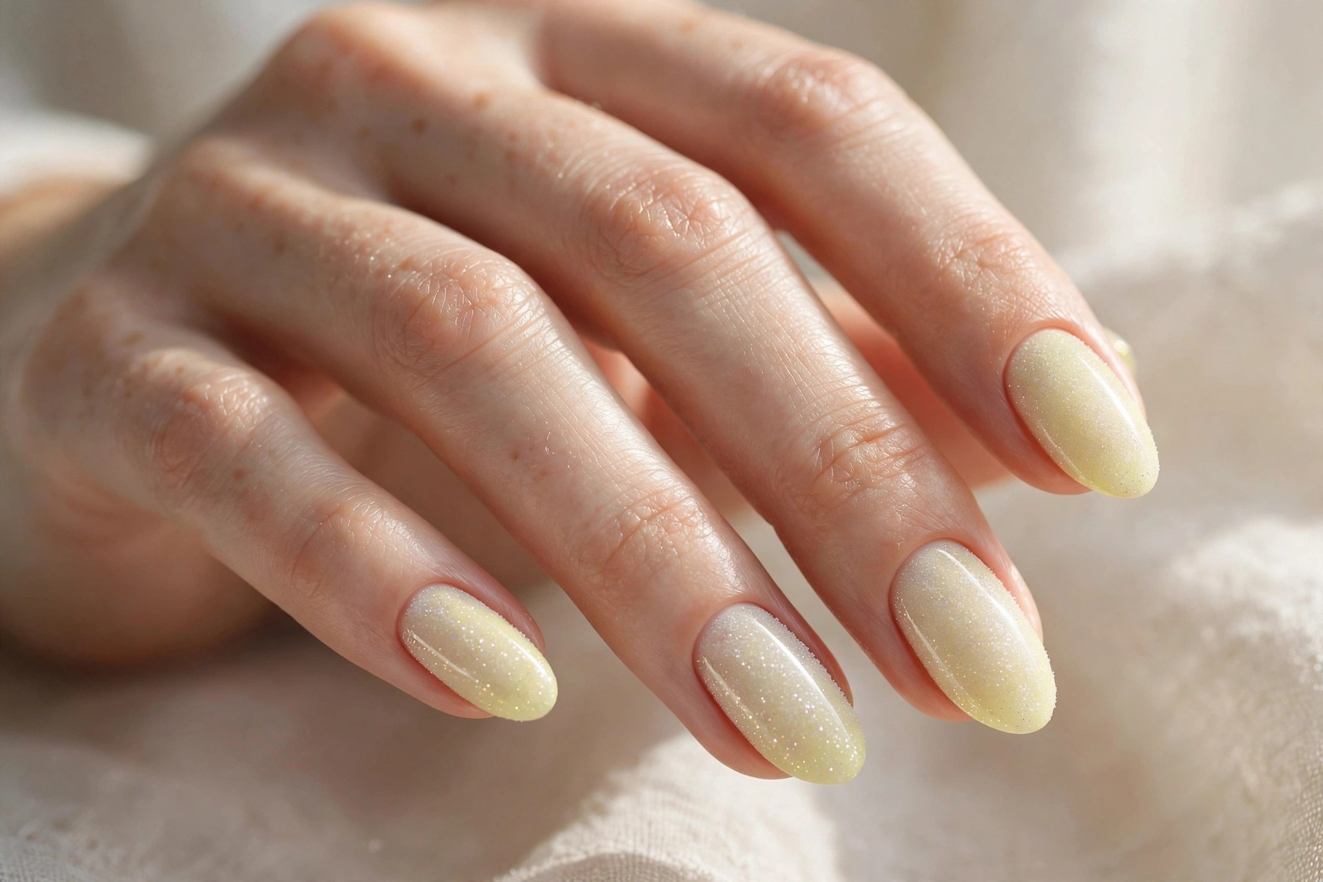 Elegant woman's hand with pale yellow nails and sparkle frosted finish