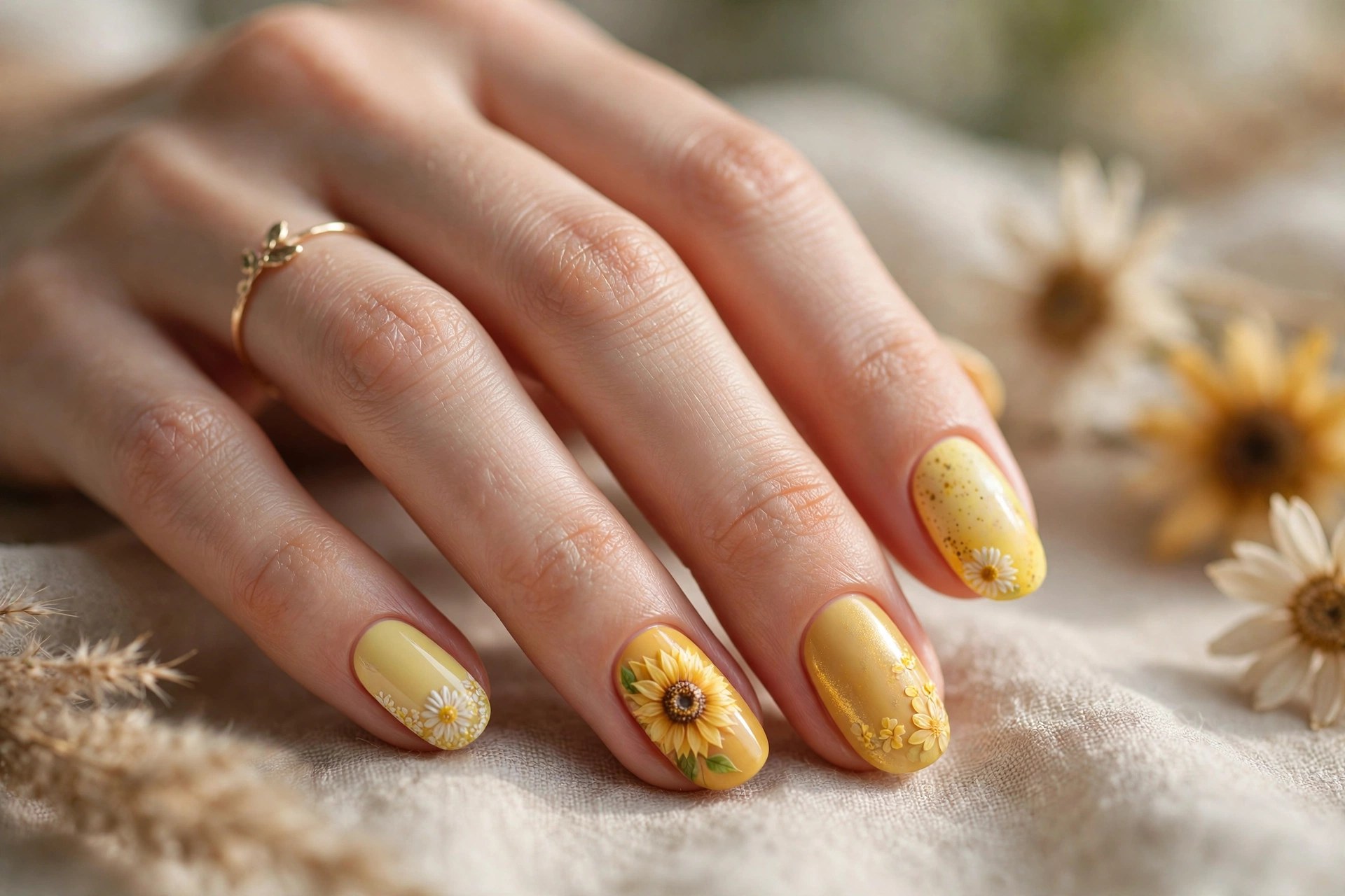 Elegant woman's hand with sunflower and daisy yellow nail art mix