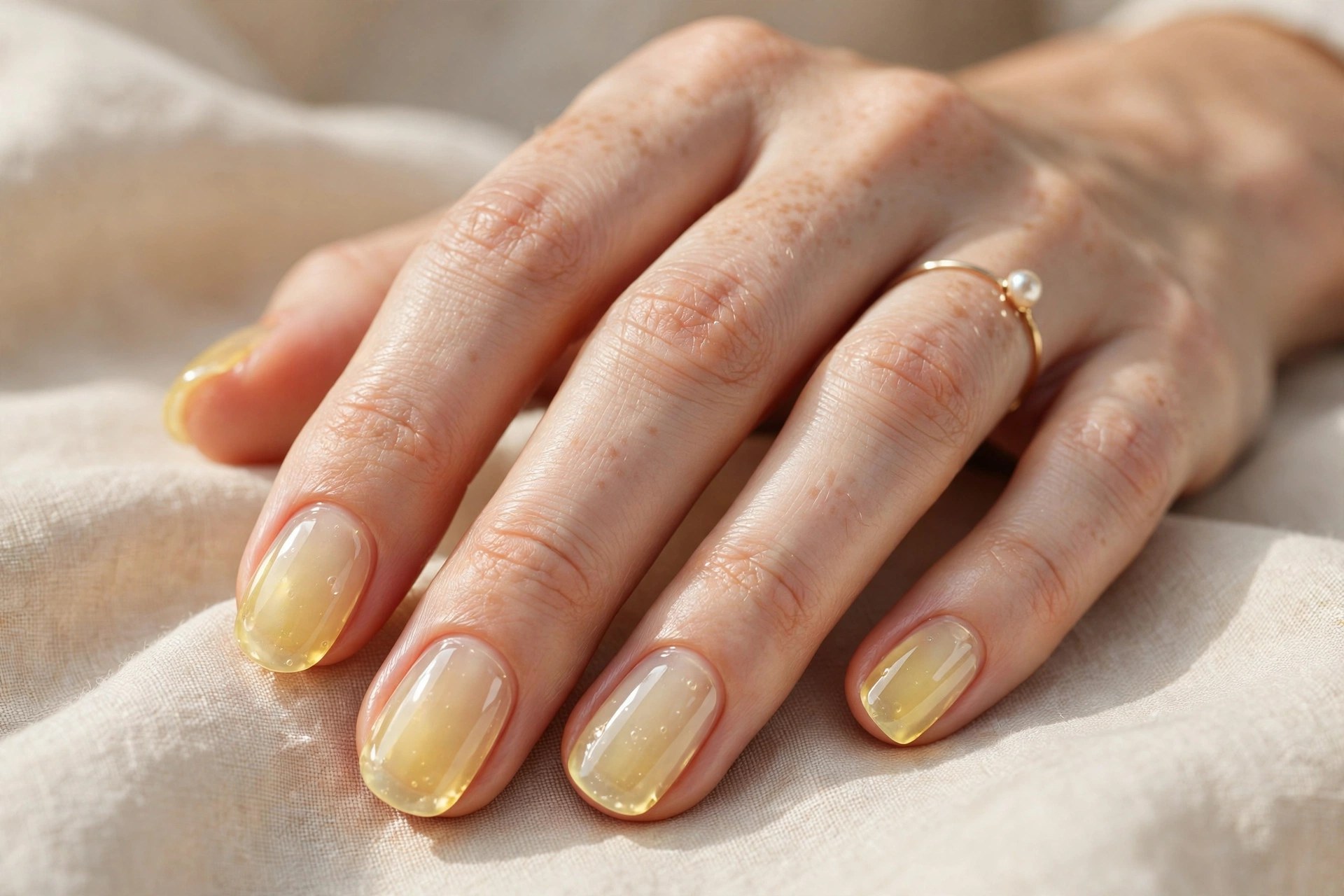 Elegant woman's hand with translucent soft yellow jelly nails