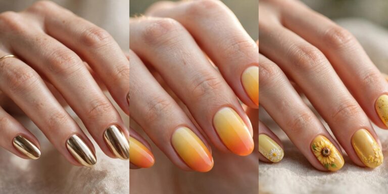 Yellow nail designs collage: gold chrome, citrus ombre and sunflower nail art