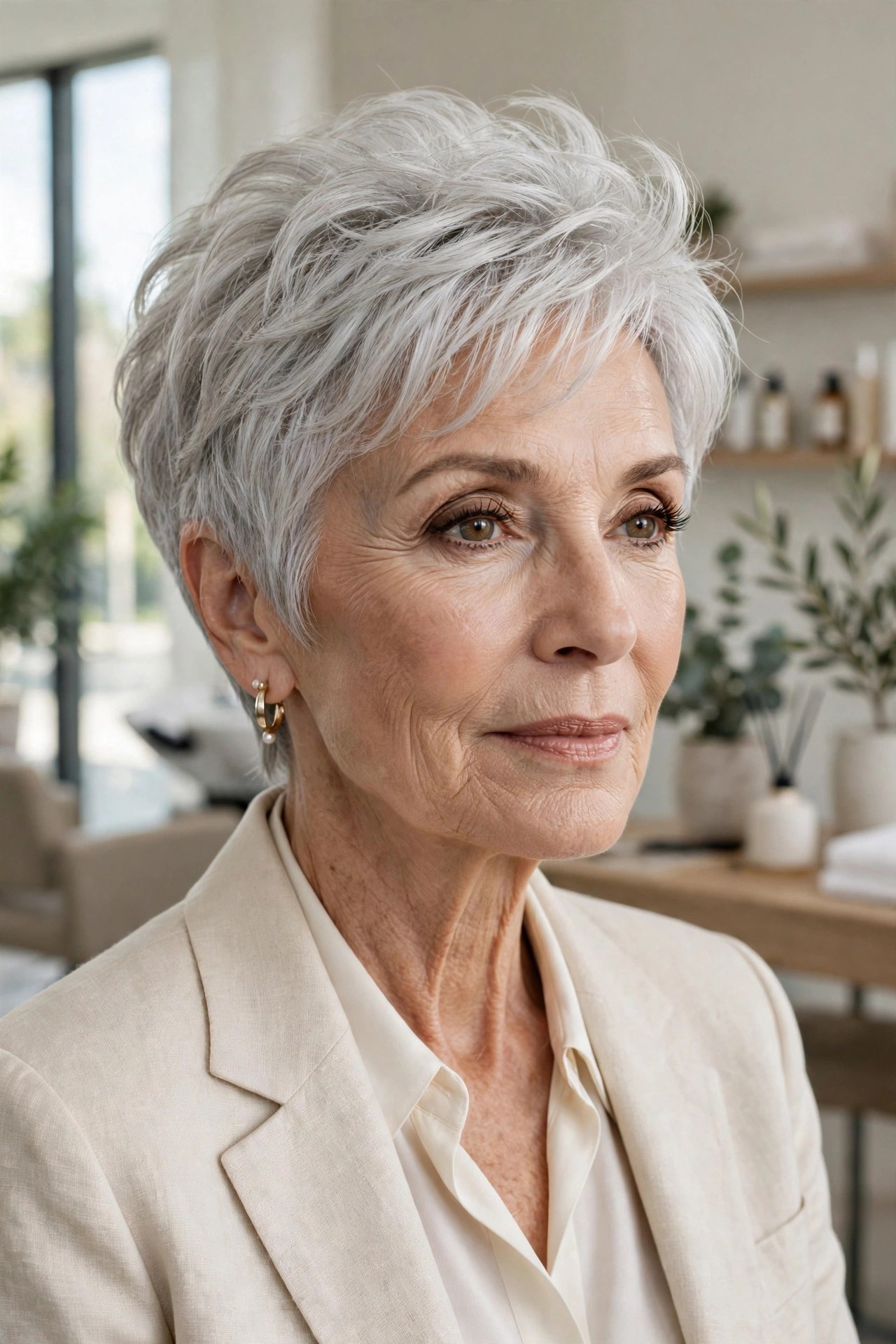 Woman in her 70s with an airy silver pixie with soft crown lift