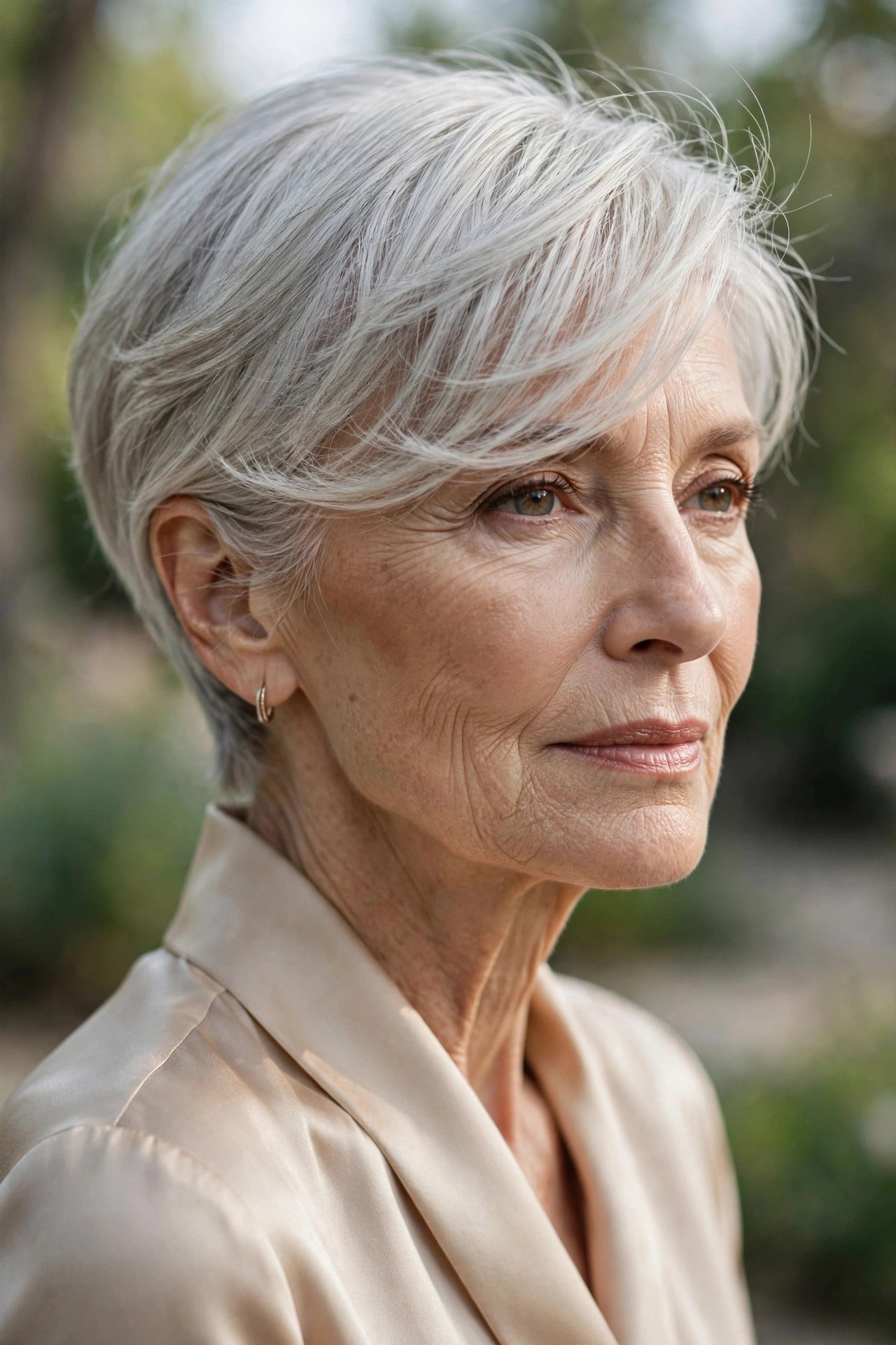Woman in her 70s with a side-swept silver pixie and long fringe