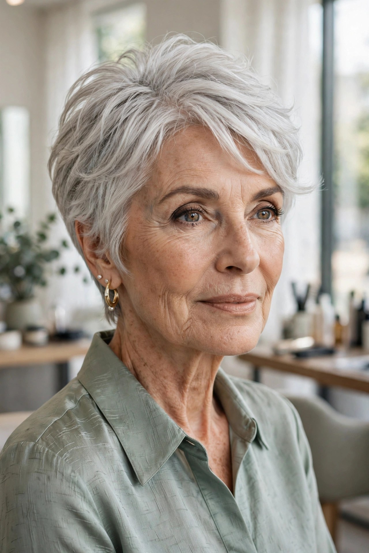 Woman in her 70s with a feathered pixie and wispy temple layers
