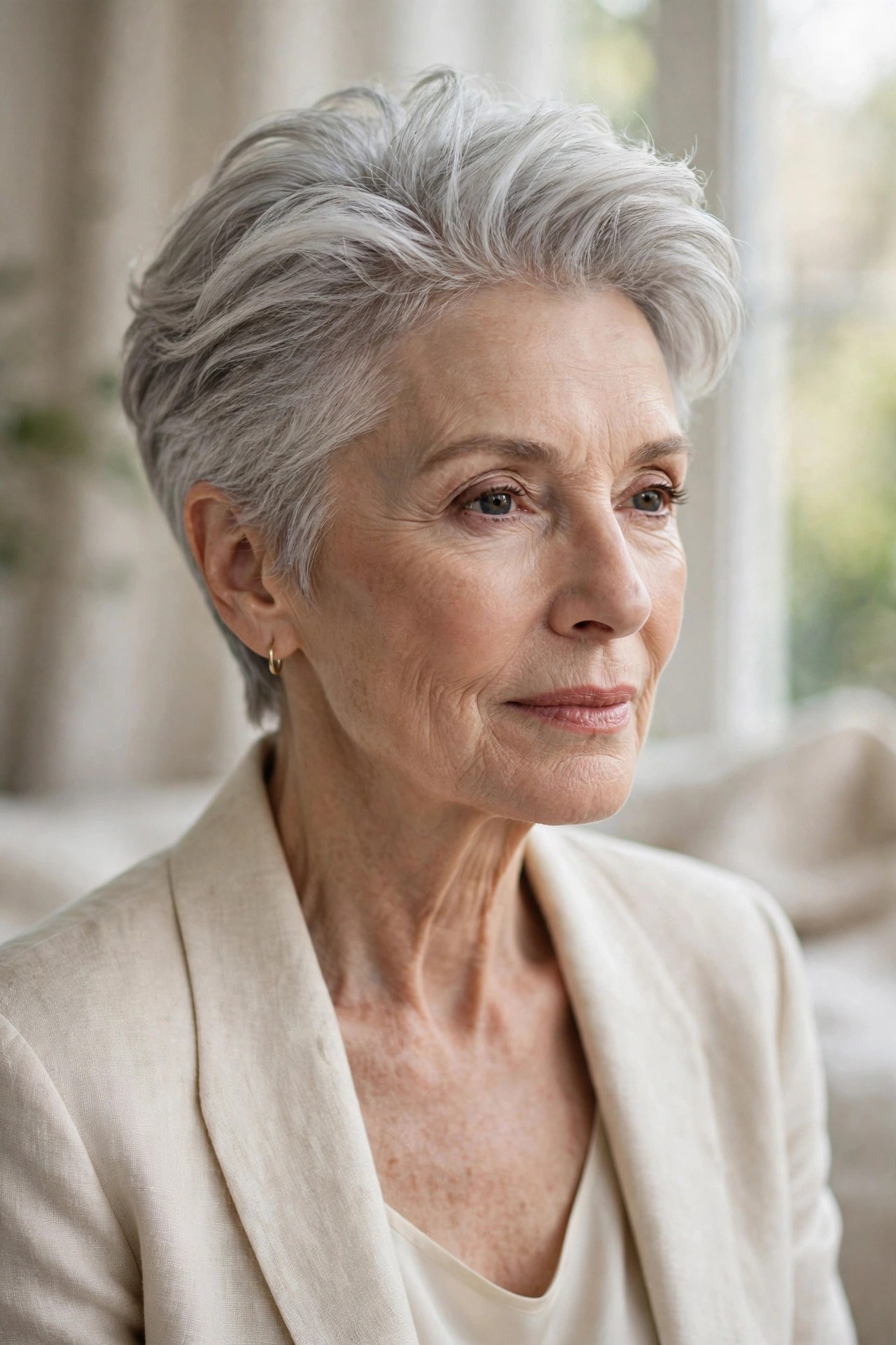 Woman in her 70s with a brushed-back pixie with gentle height