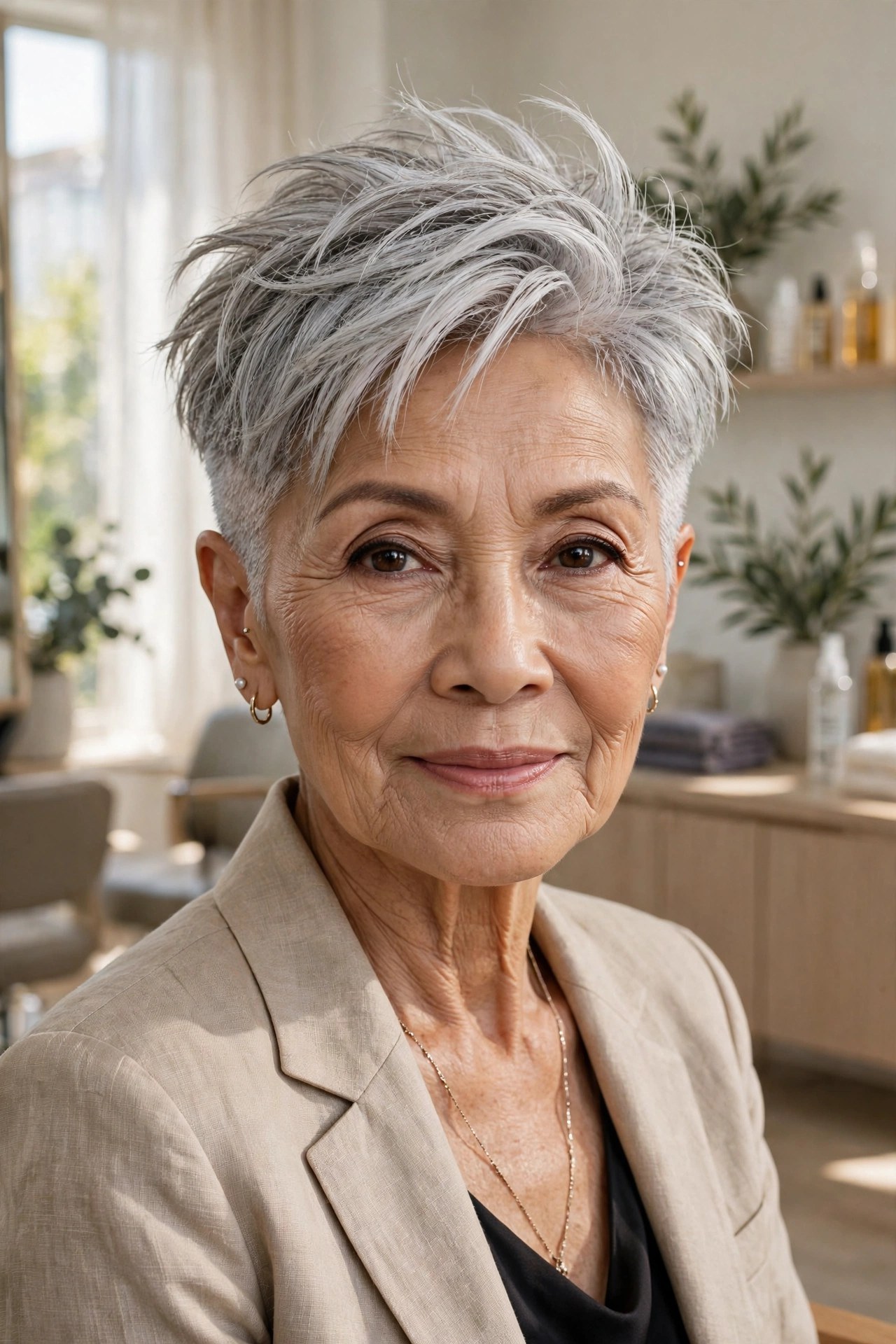 Woman in her 70s with a textured crop with longer piecey crown