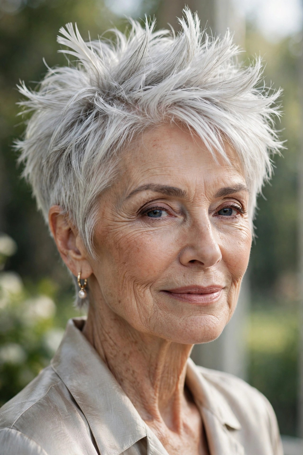 Woman in her 70s with a soft spiky silver pixie