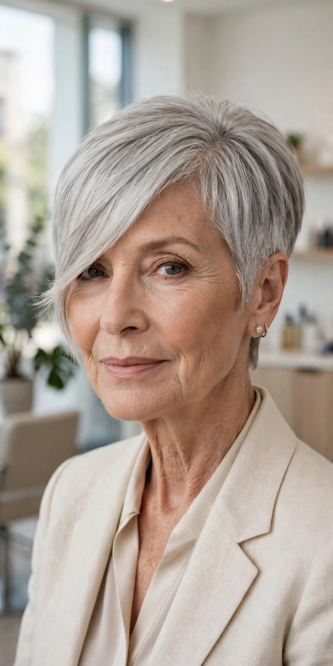 Woman in her 70s with a tapered pixie and long side fringe
