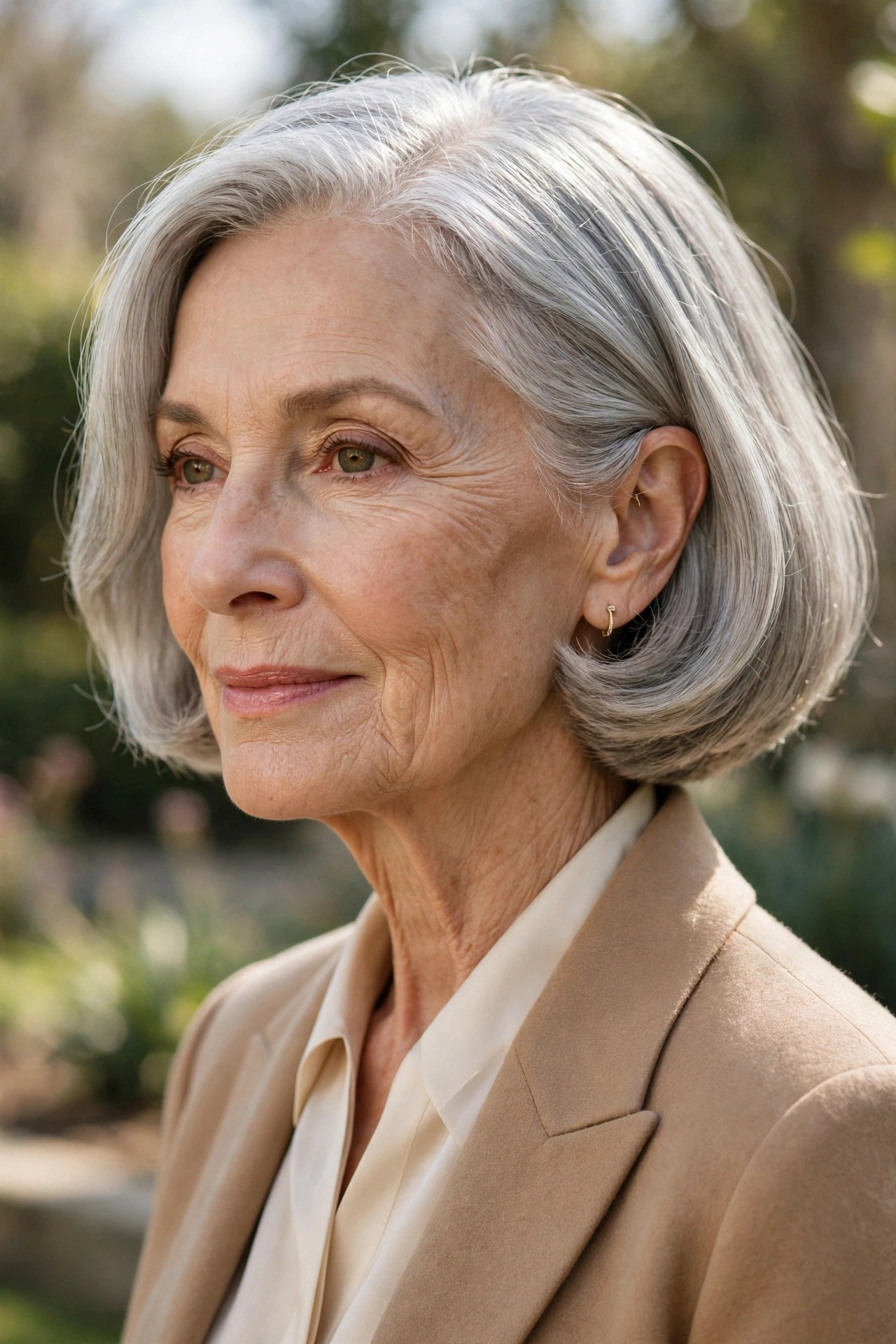 Woman in her 70s with a rounded chin bob with tucked ends