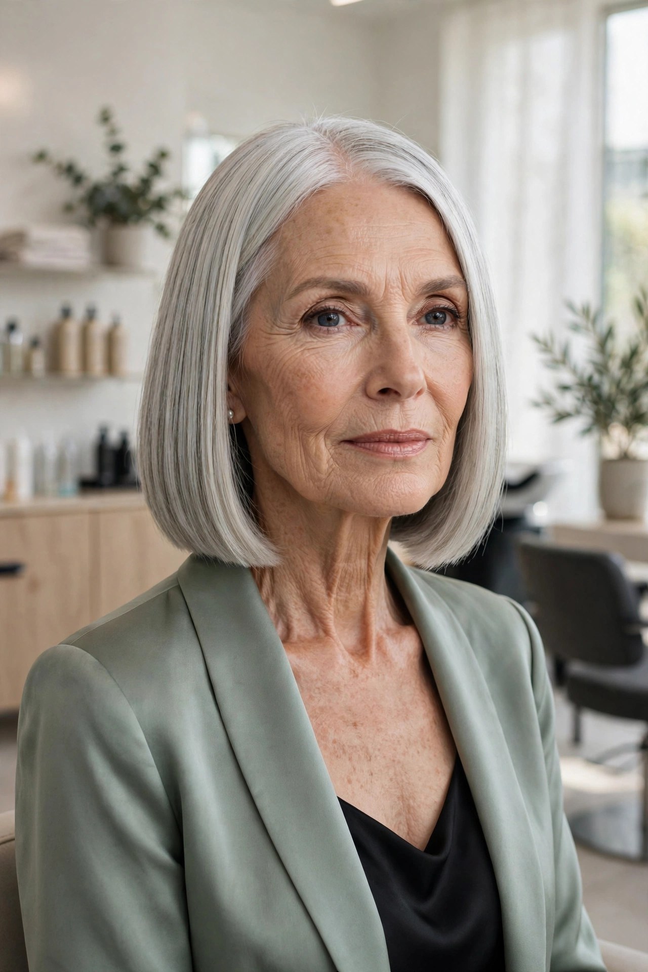 Woman in her 70s with a jaw-length blunt silver bob