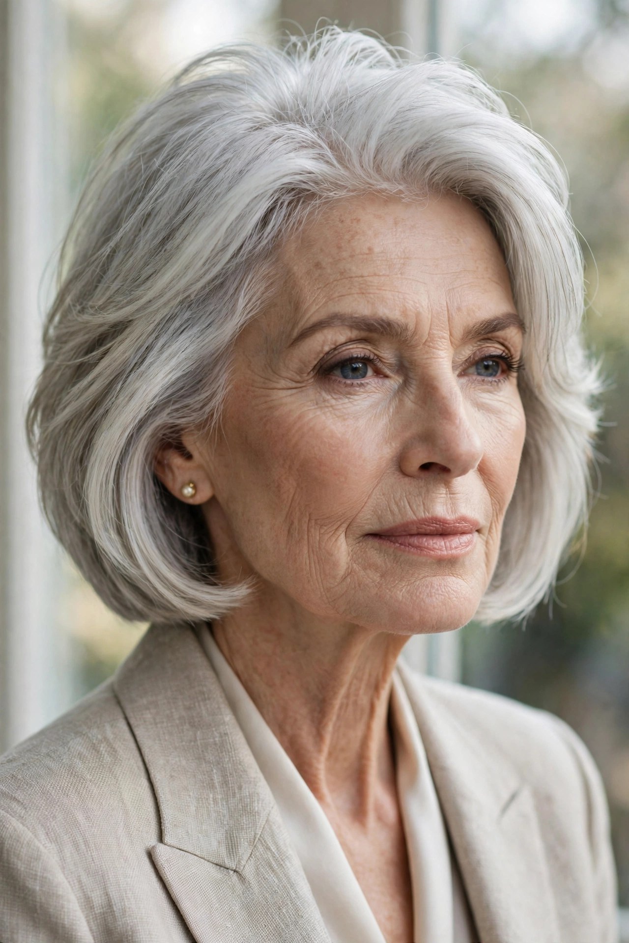 Woman in her 70s with a layered bob with crown volume
