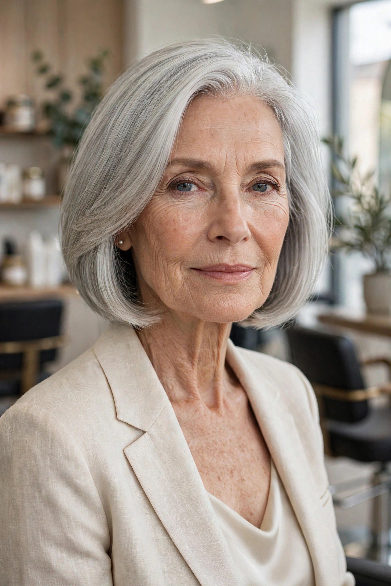 Woman in her 70s with a soft A-line silver bob