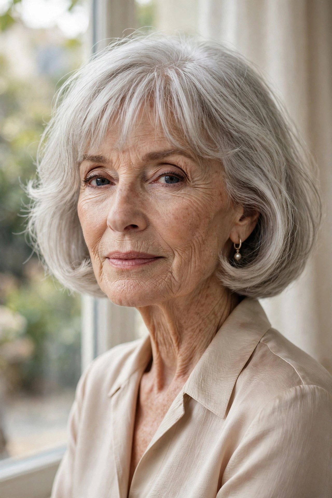Woman in her 70s with a French bob and wispy bangs