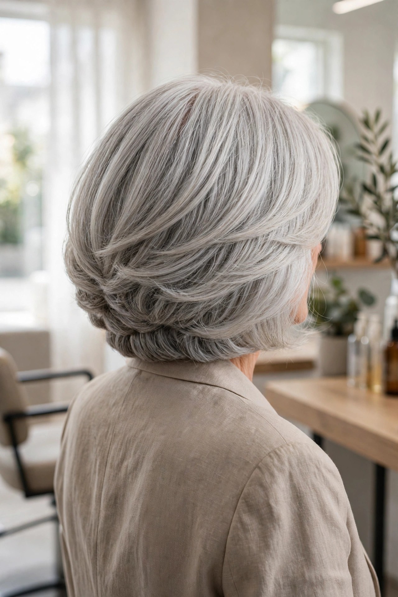 Back view of a graduated bob with full stacked nape on silver hair