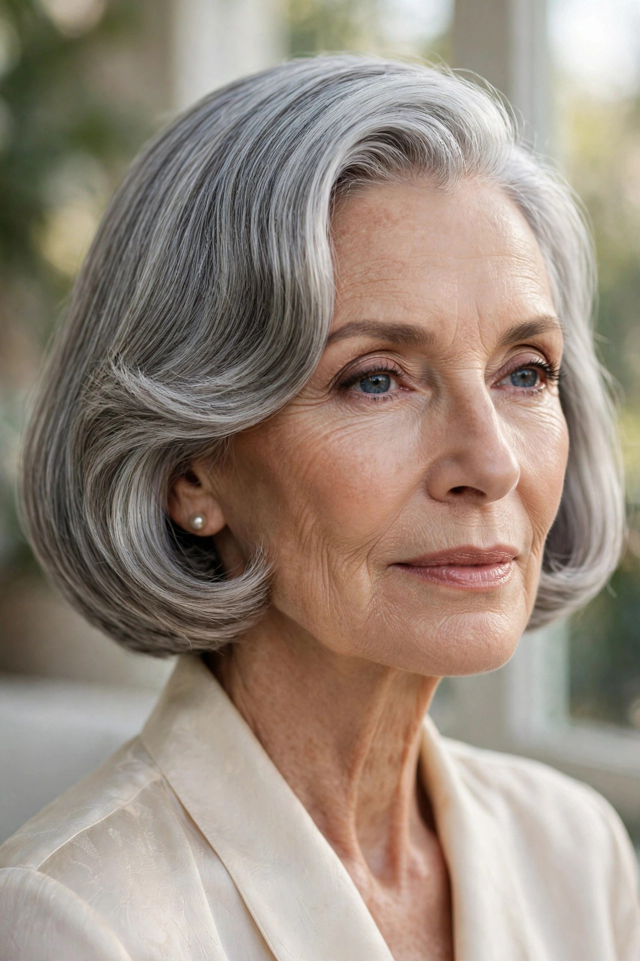 Woman in her 70s with a curved-under bob and deep side part