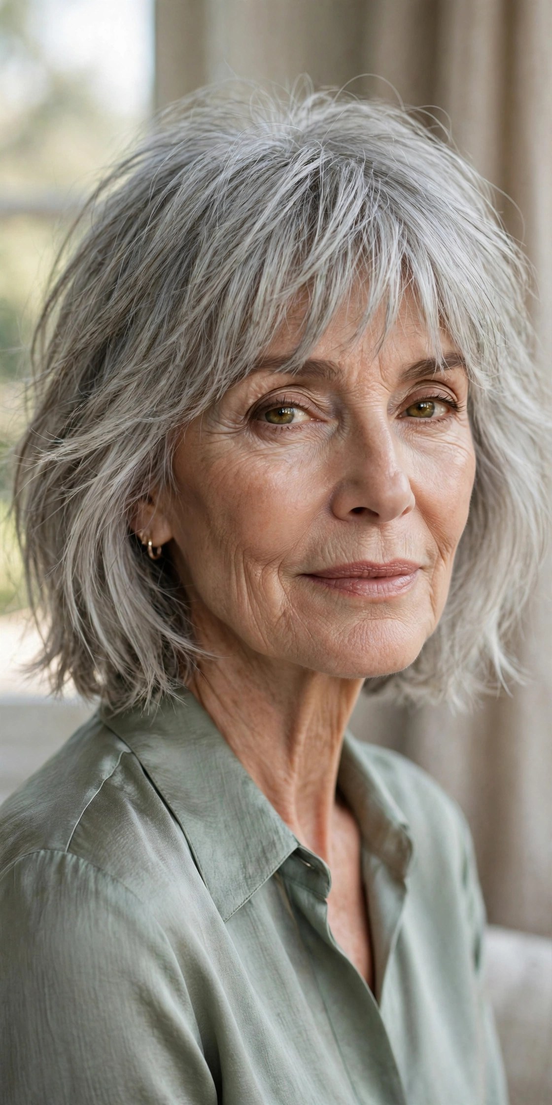 Woman in her 70s with a shaggy bob and textured brow fringe