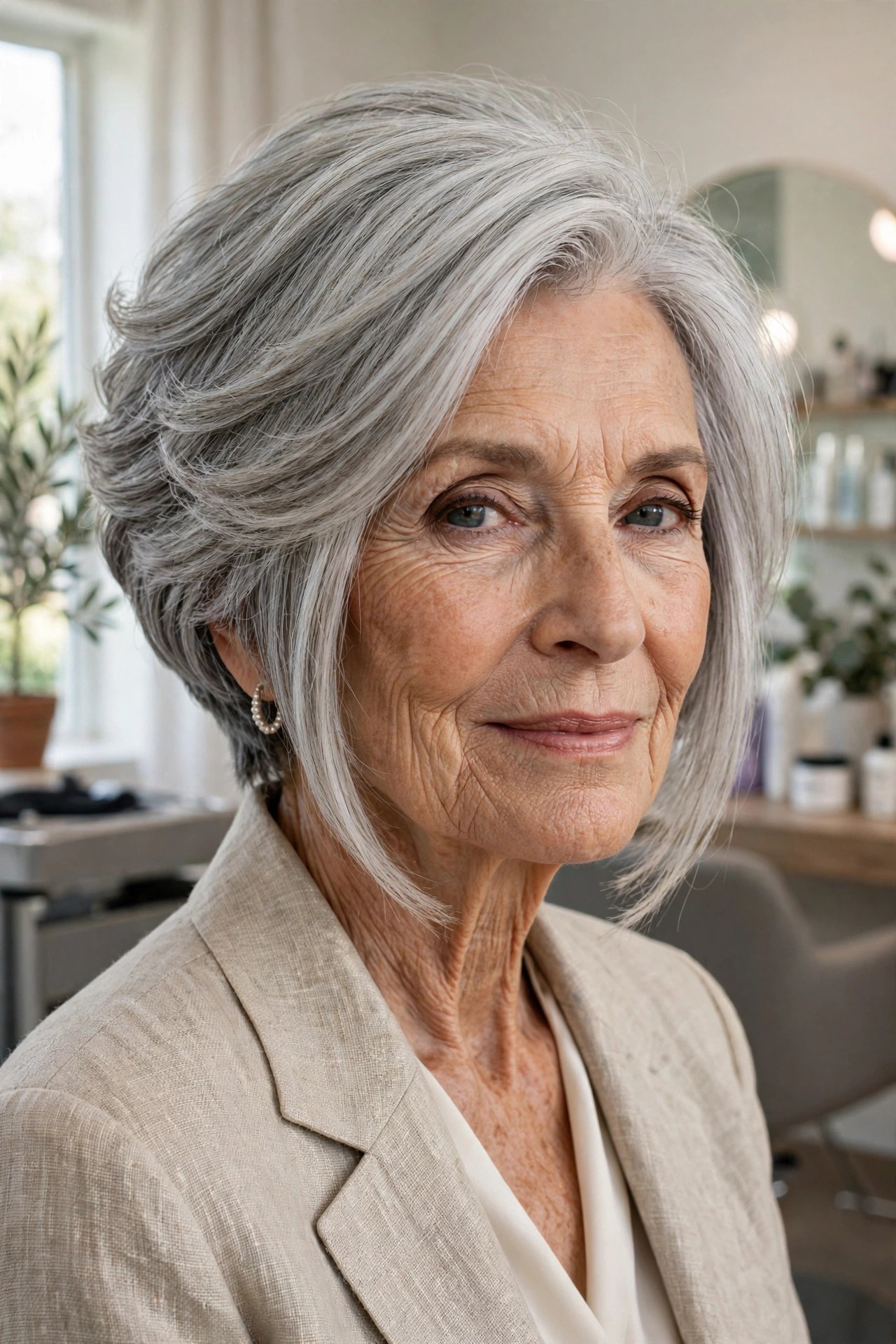 Woman in her 70s with an angled bob with face-framing front