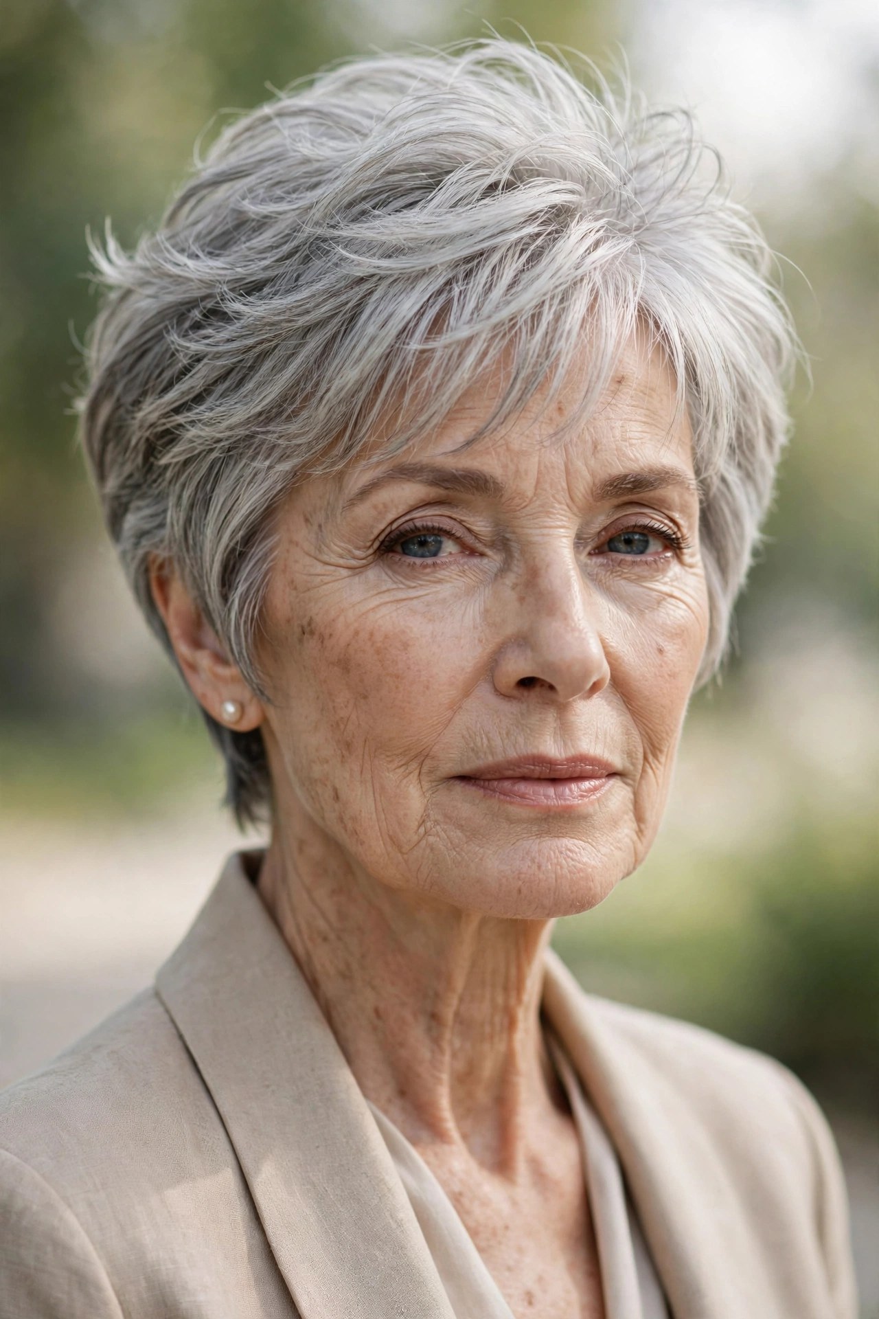 Woman in her 70s with a soft feathered bixie