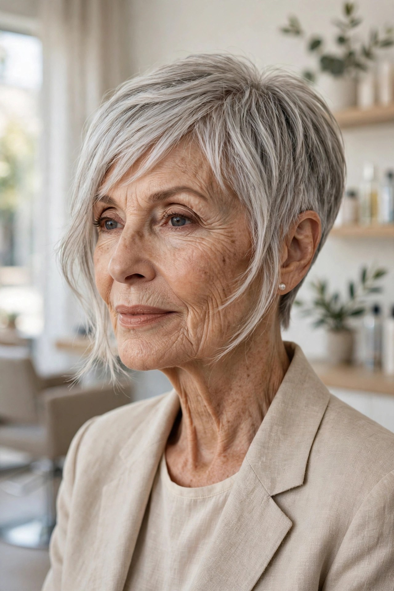 Woman in her 70s with a pixie-bob with longer front pieces
