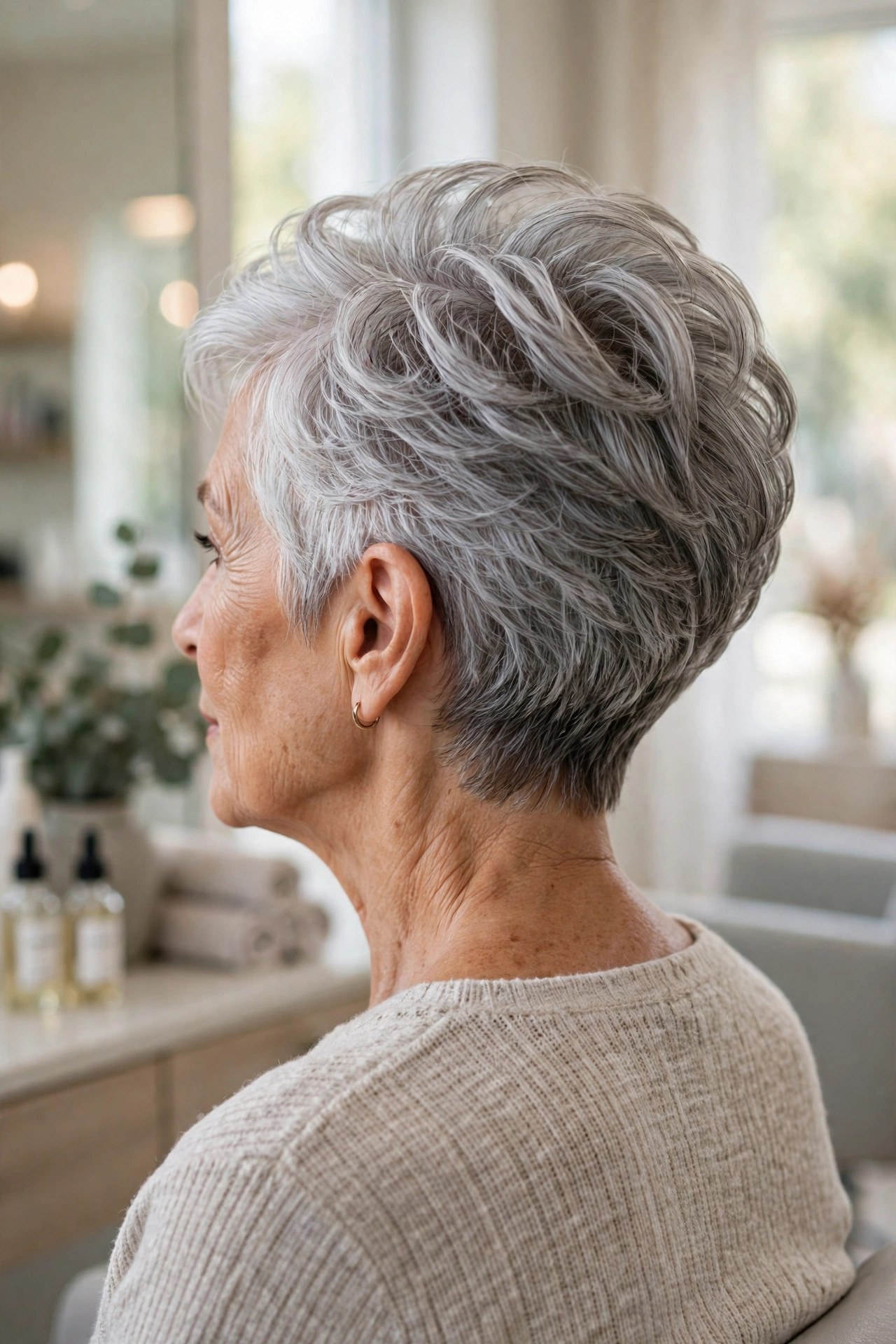 Woman in her 70s with a stacked nape bixie, back view
