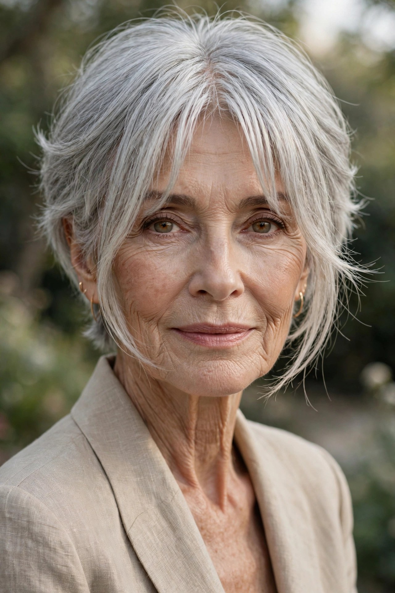 Woman in her 70s with a wispy bixie and curtain fringe