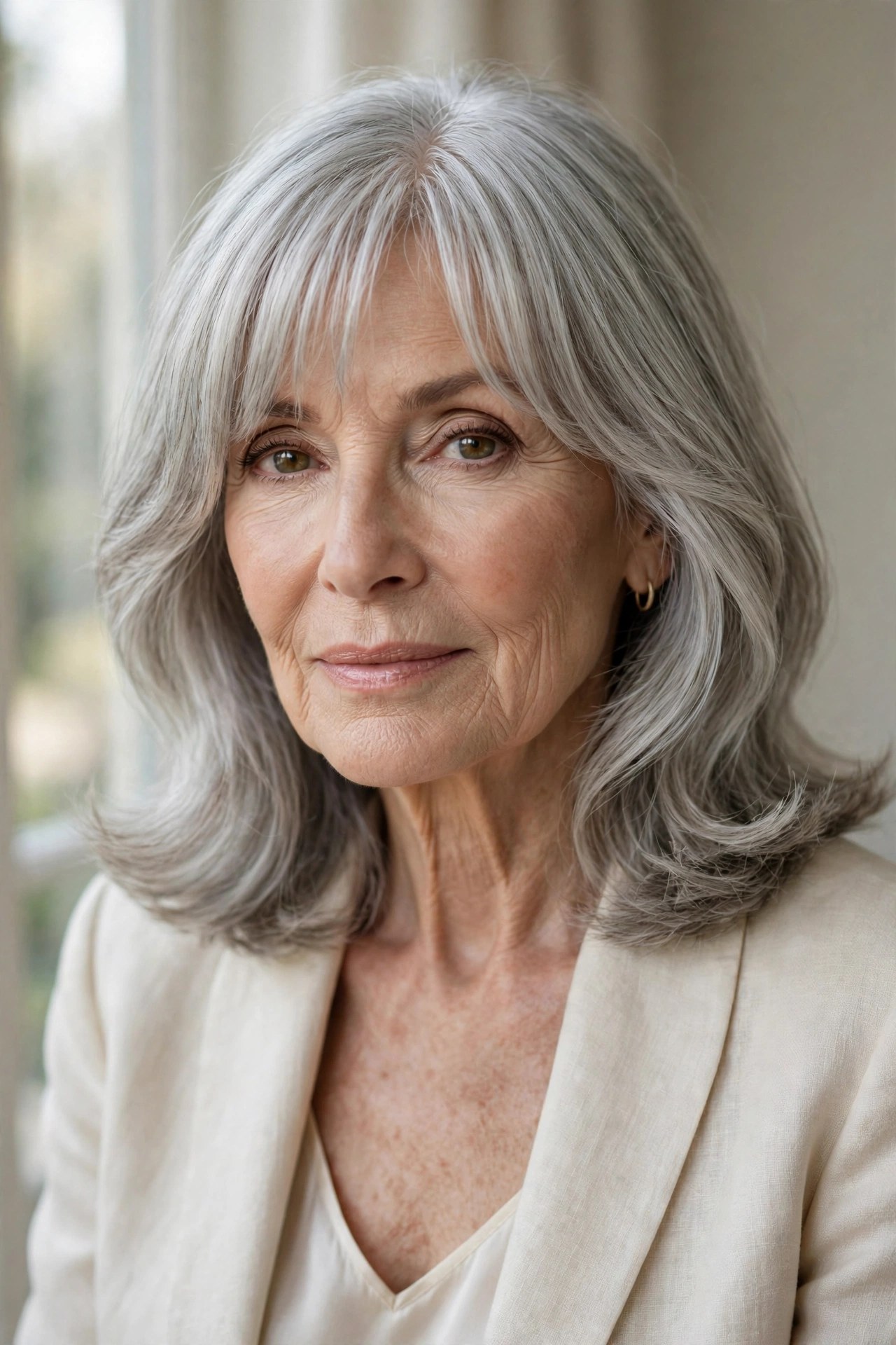 Woman in her 70s with a collarbone lob and curtain bangs