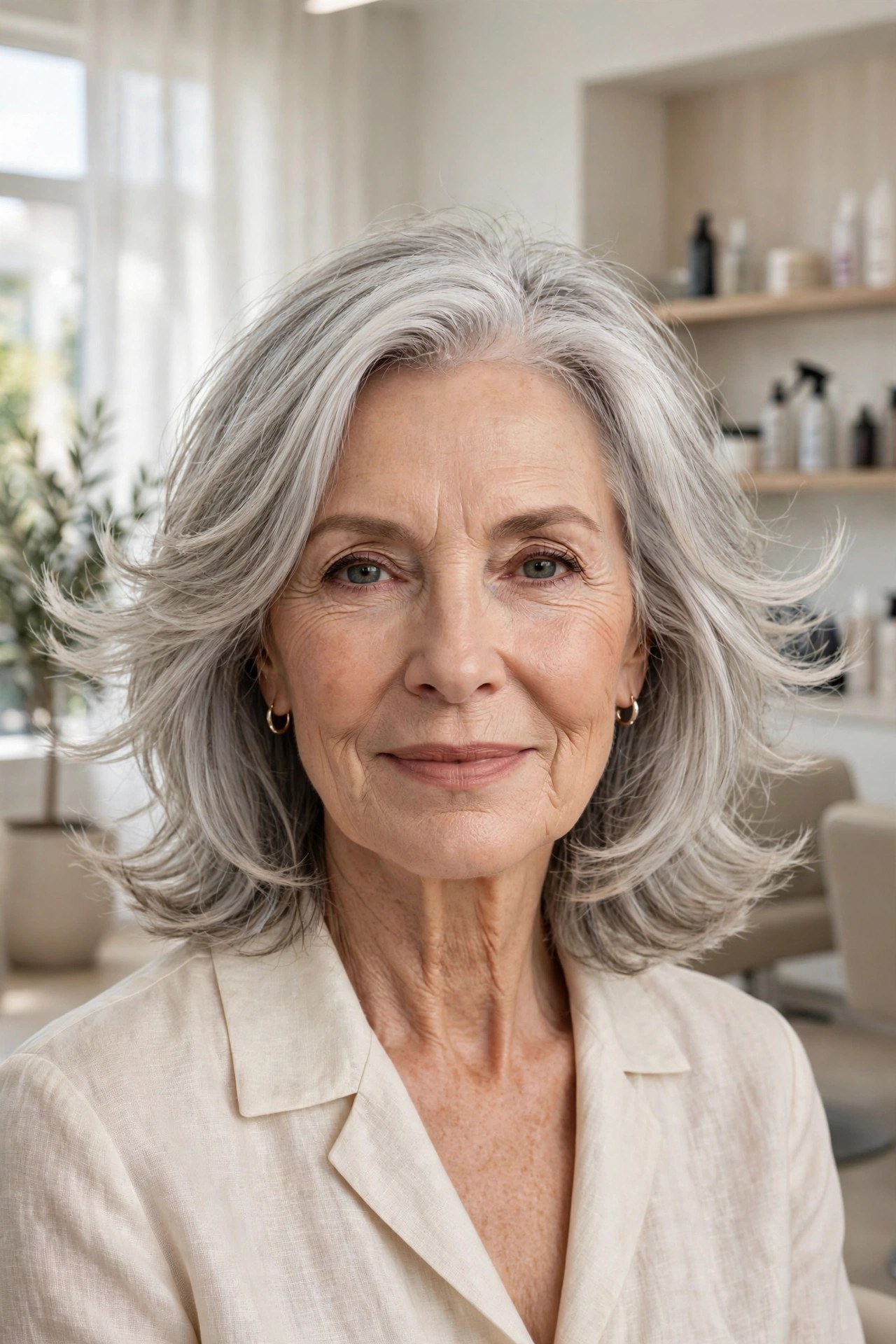Woman in her 70s with a shoulder-length cut with flipped ends