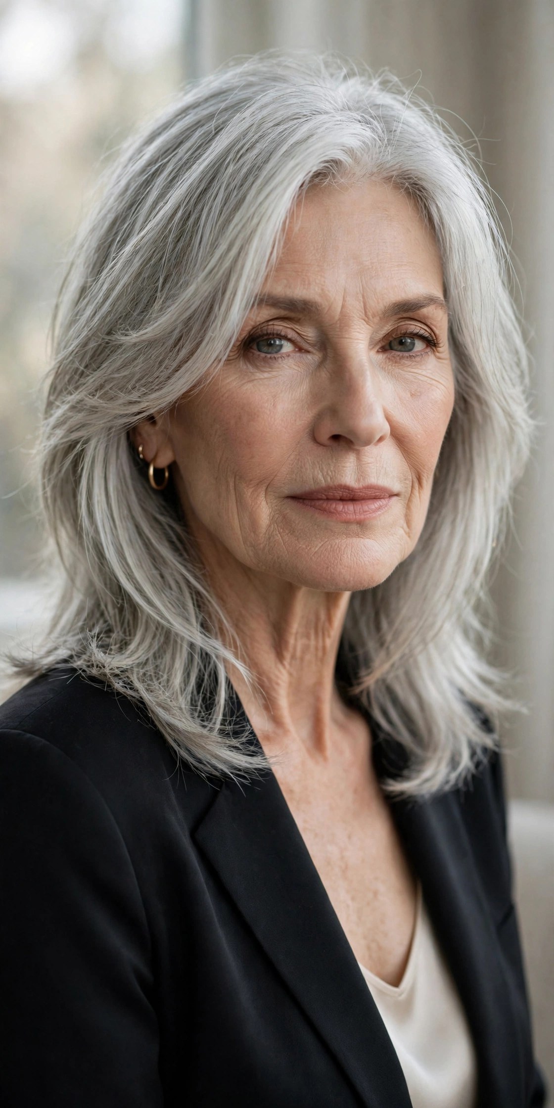Woman in her 70s with a layered midi with face-framing layers