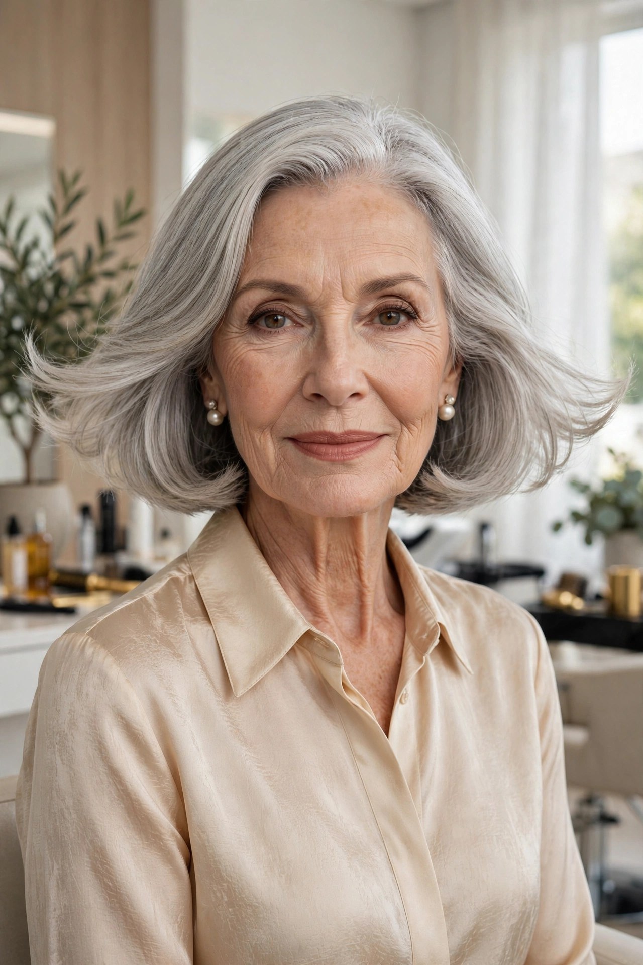 Woman in her 70s with a neck-length bob with outward flick