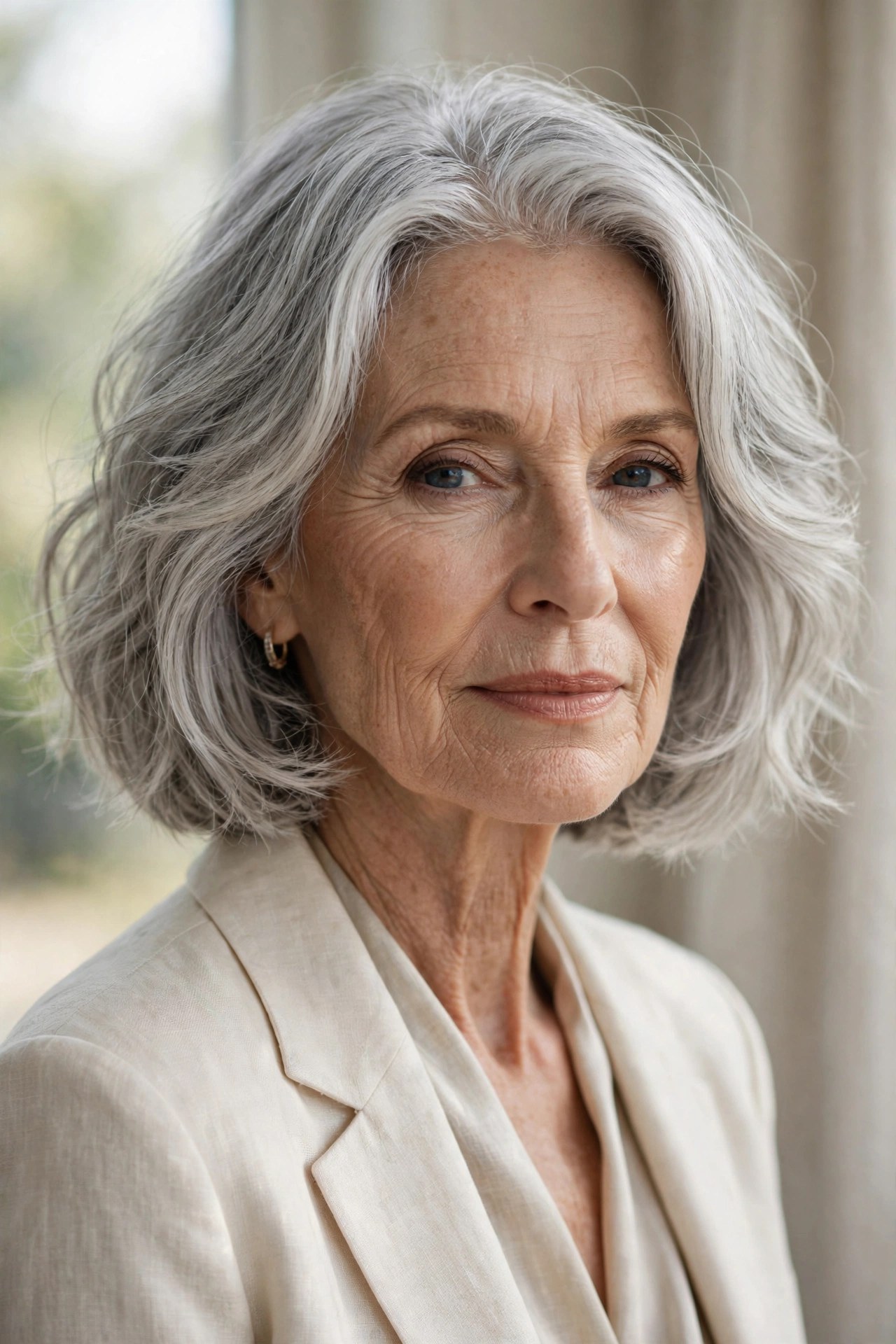 Woman in her 70s with a natural wave silver bob