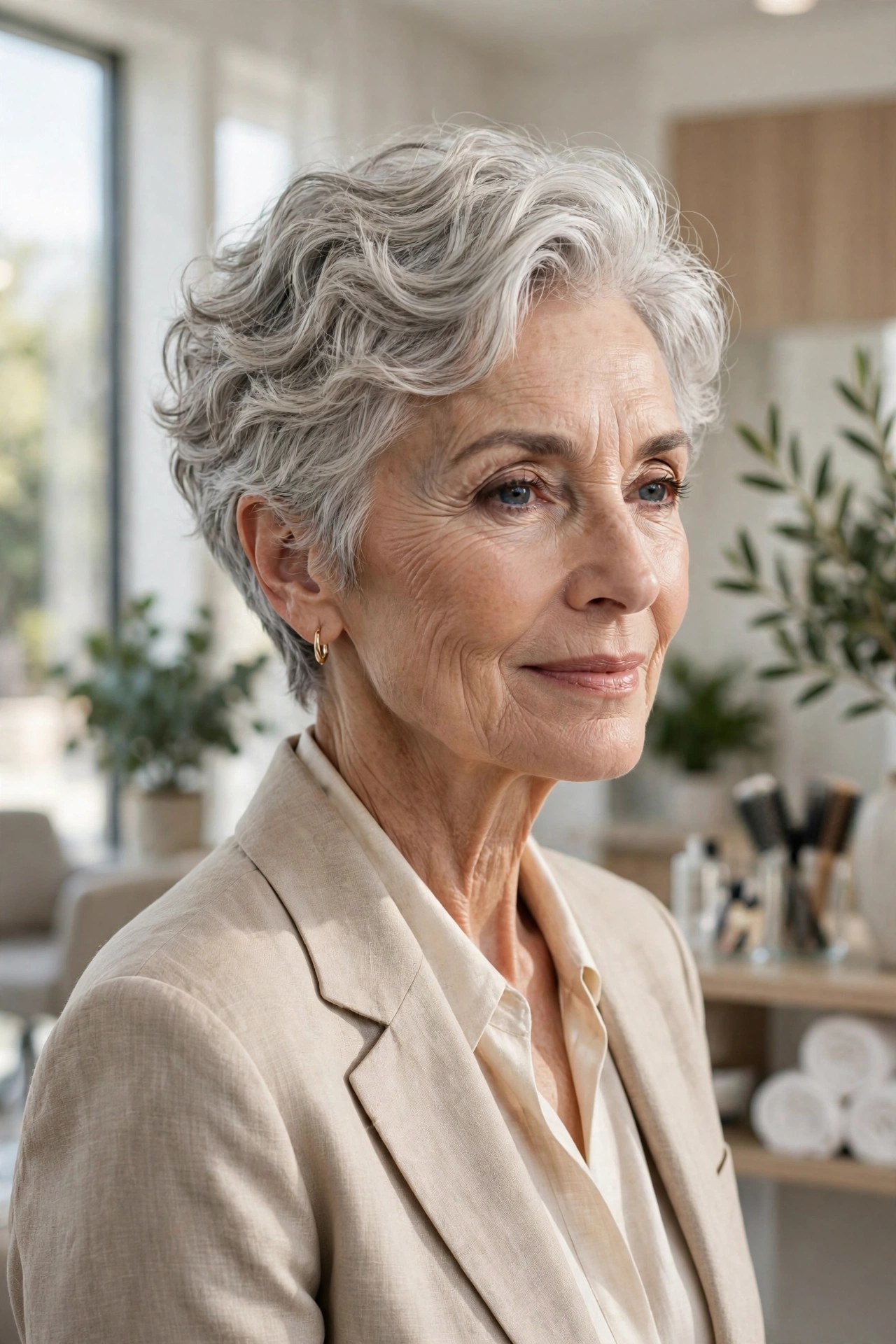 Woman in her 70s with a wavy permed short crop