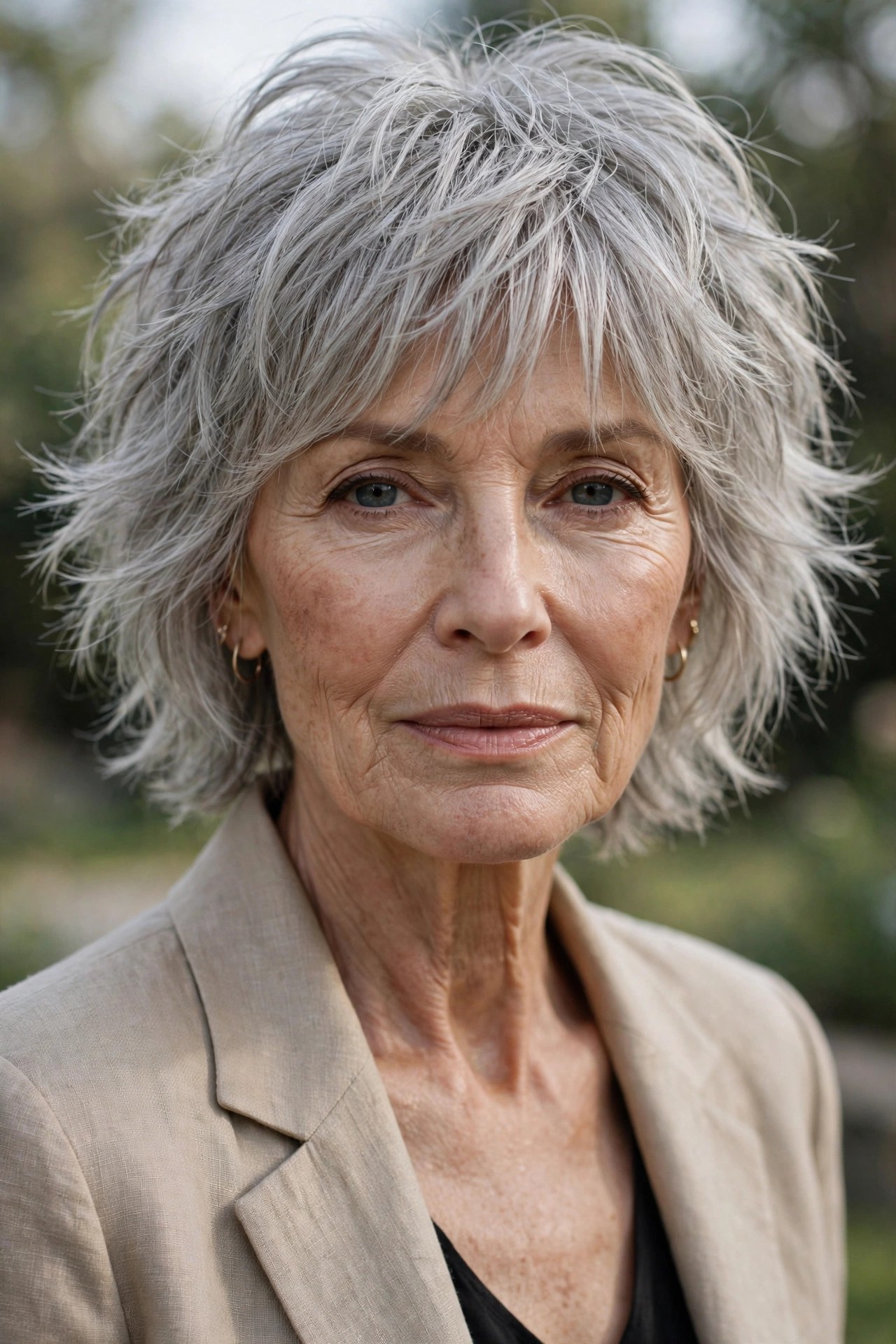 Woman in her 70s with a tousled silver shag