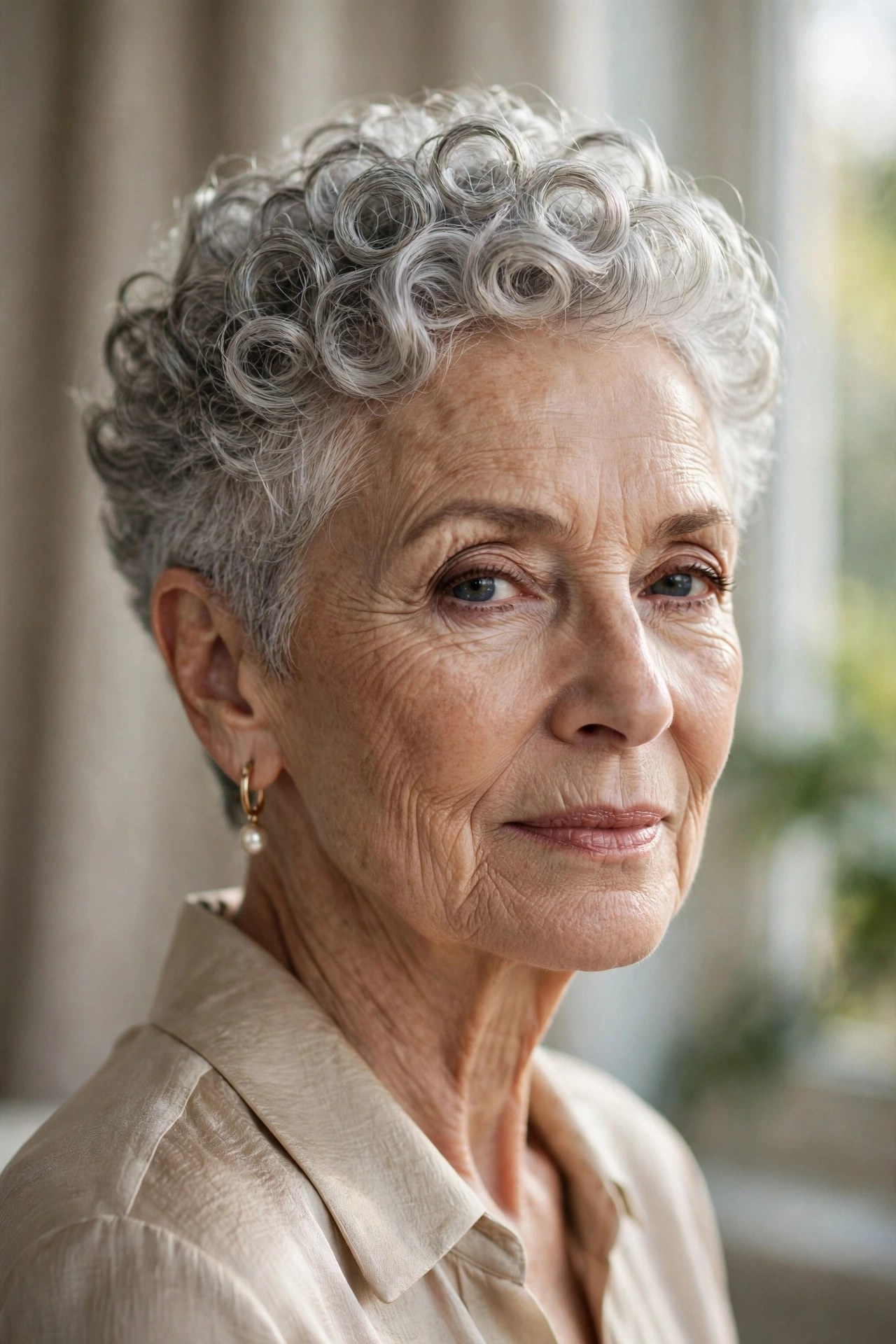 Woman in her 70s with a curly silver crop with defined curls