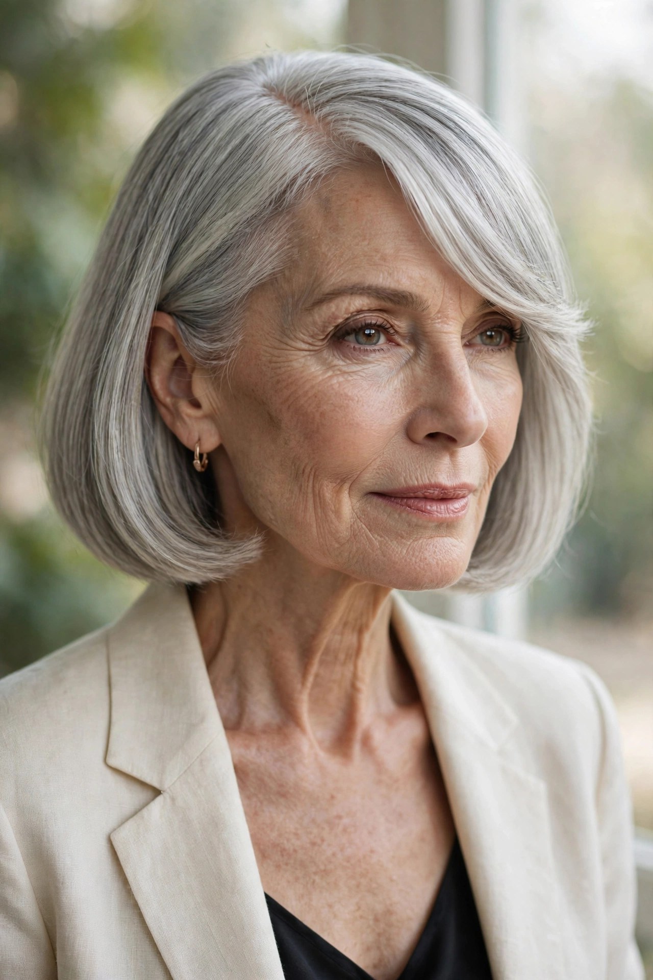 Woman in her 70s with a bob and long side-swept fringe