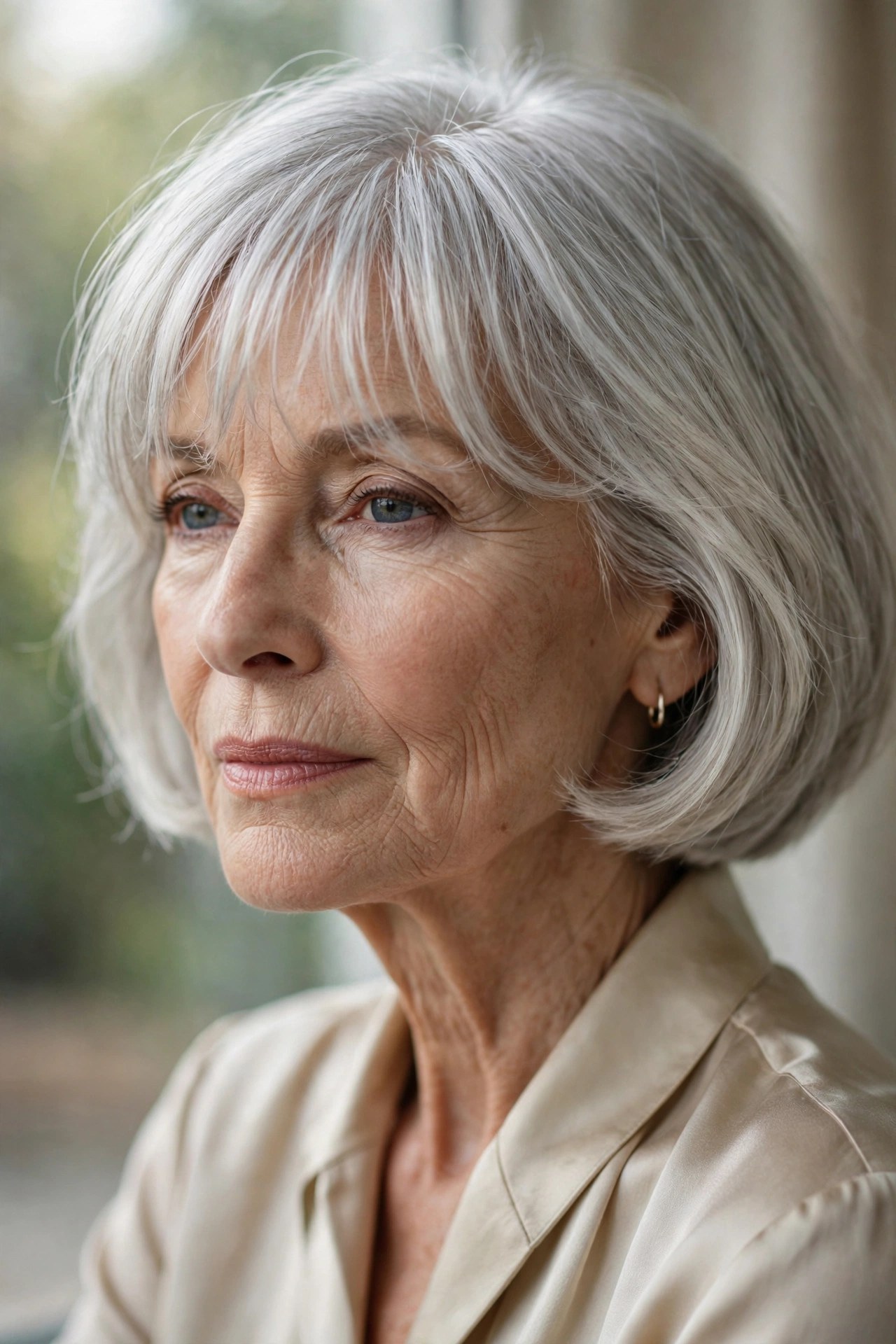Woman in her 70s with a chin bob and see-through bangs