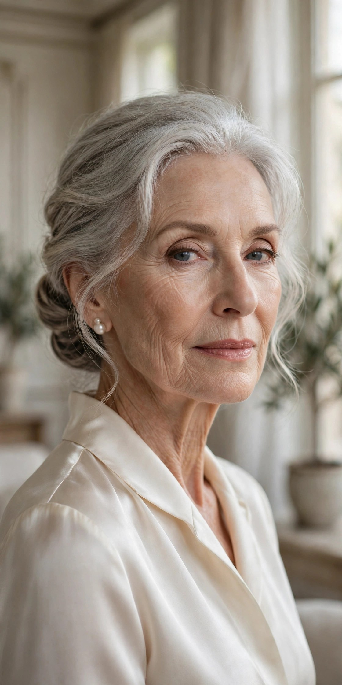 Woman in her 70s with a low chignon with crown fullness