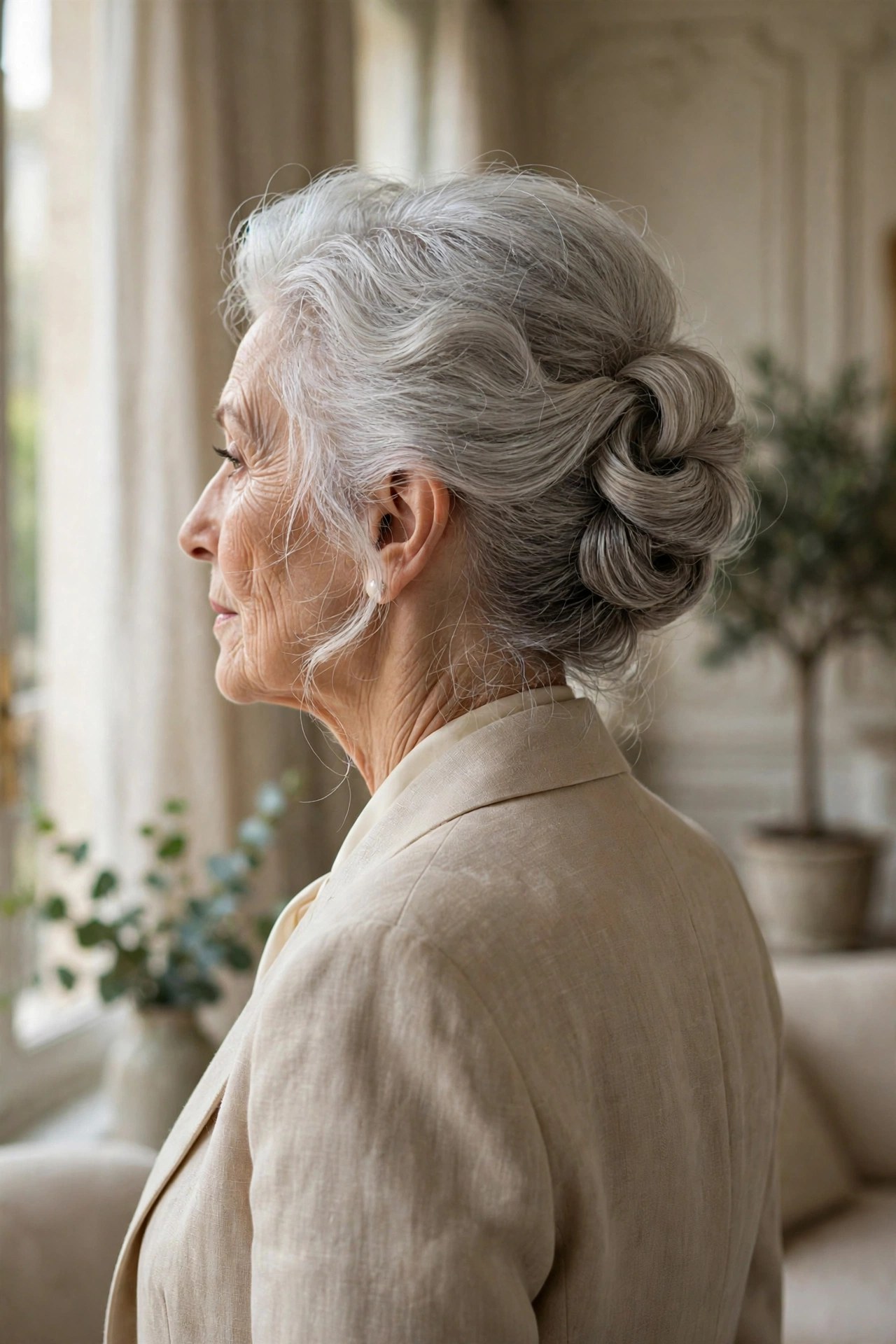 Woman in her 70s with a soft French twist updo