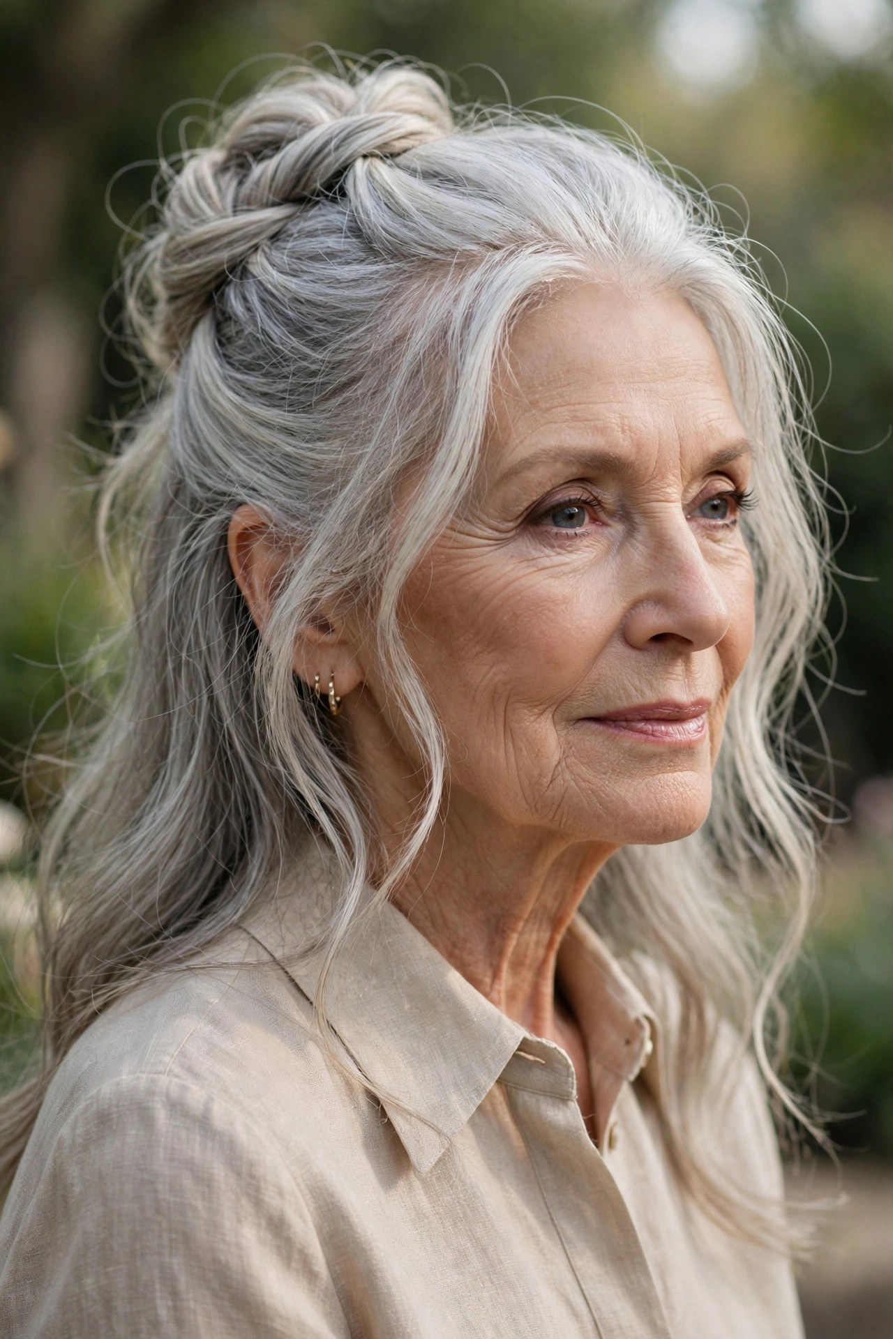Woman in her 70s with a half-up twist with face softness