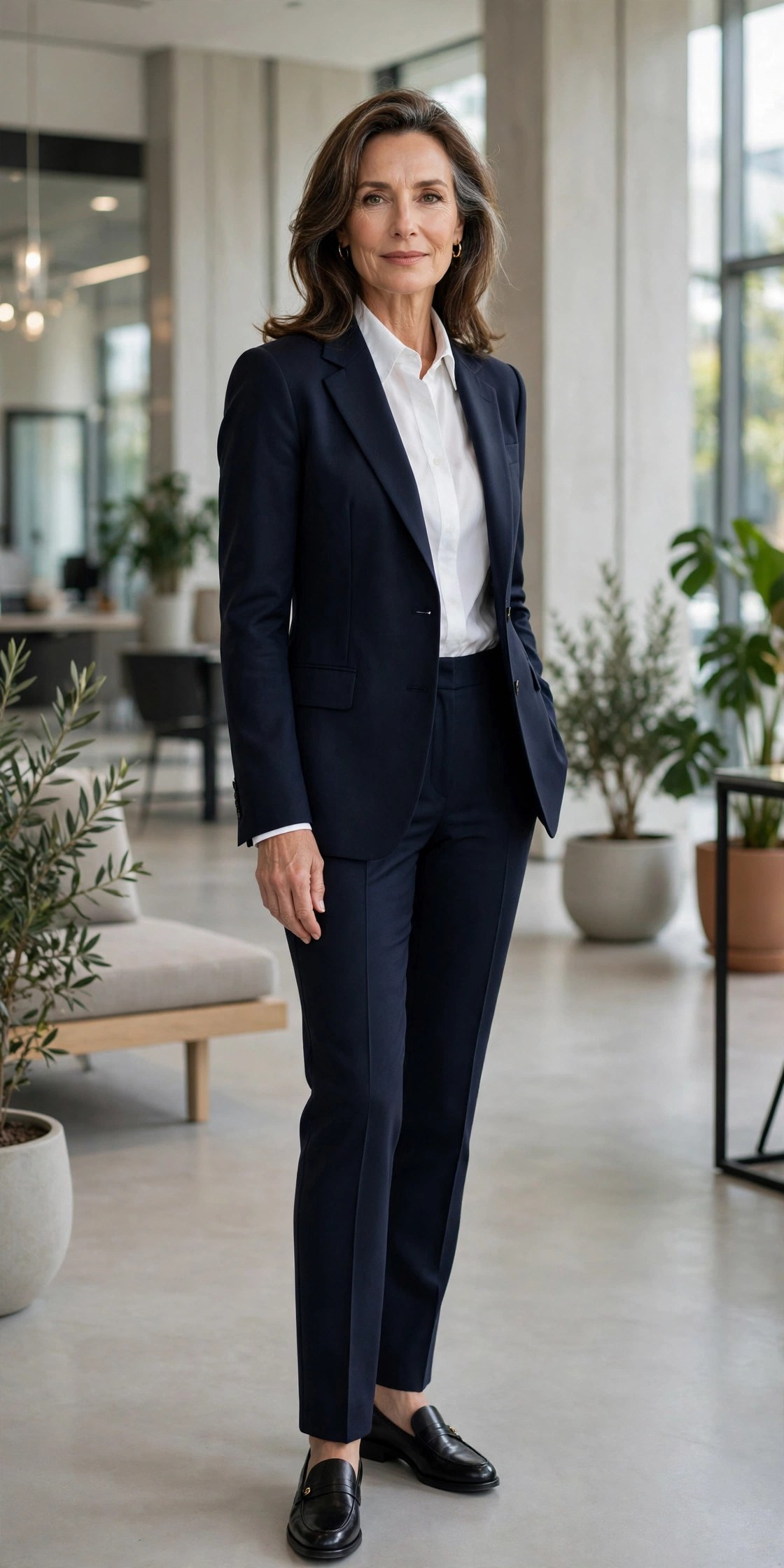 Elegant woman over 50 in navy blazer, white button-down shirt and navy tailored trousers
