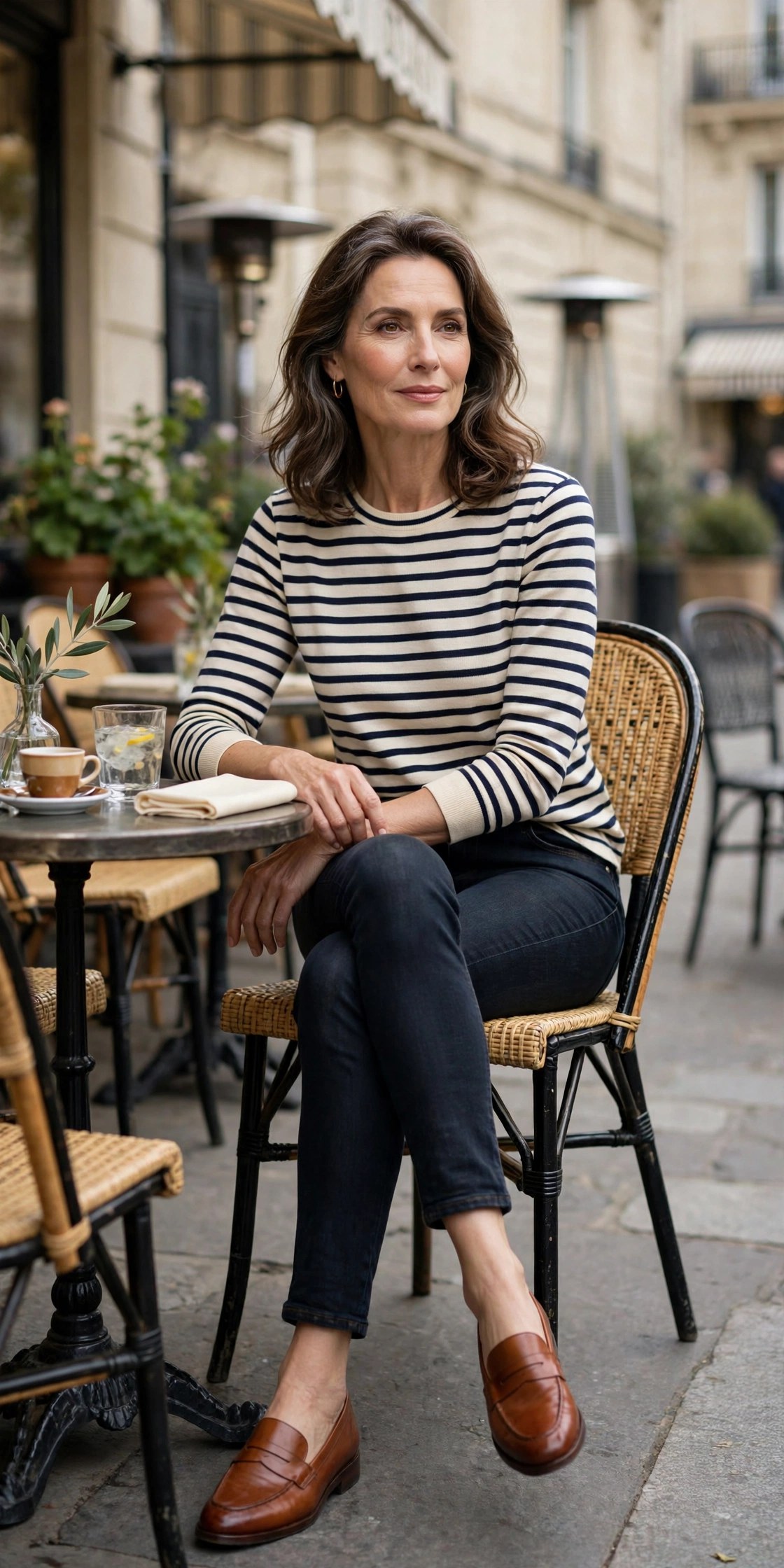 Woman in her 50s in navy Breton striped top with dark slim jeans and cognac loafers