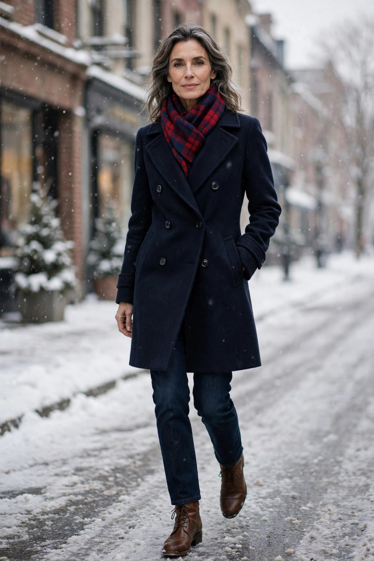 Woman over 50 wearing navy pea coat with red plaid scarf on snowy street