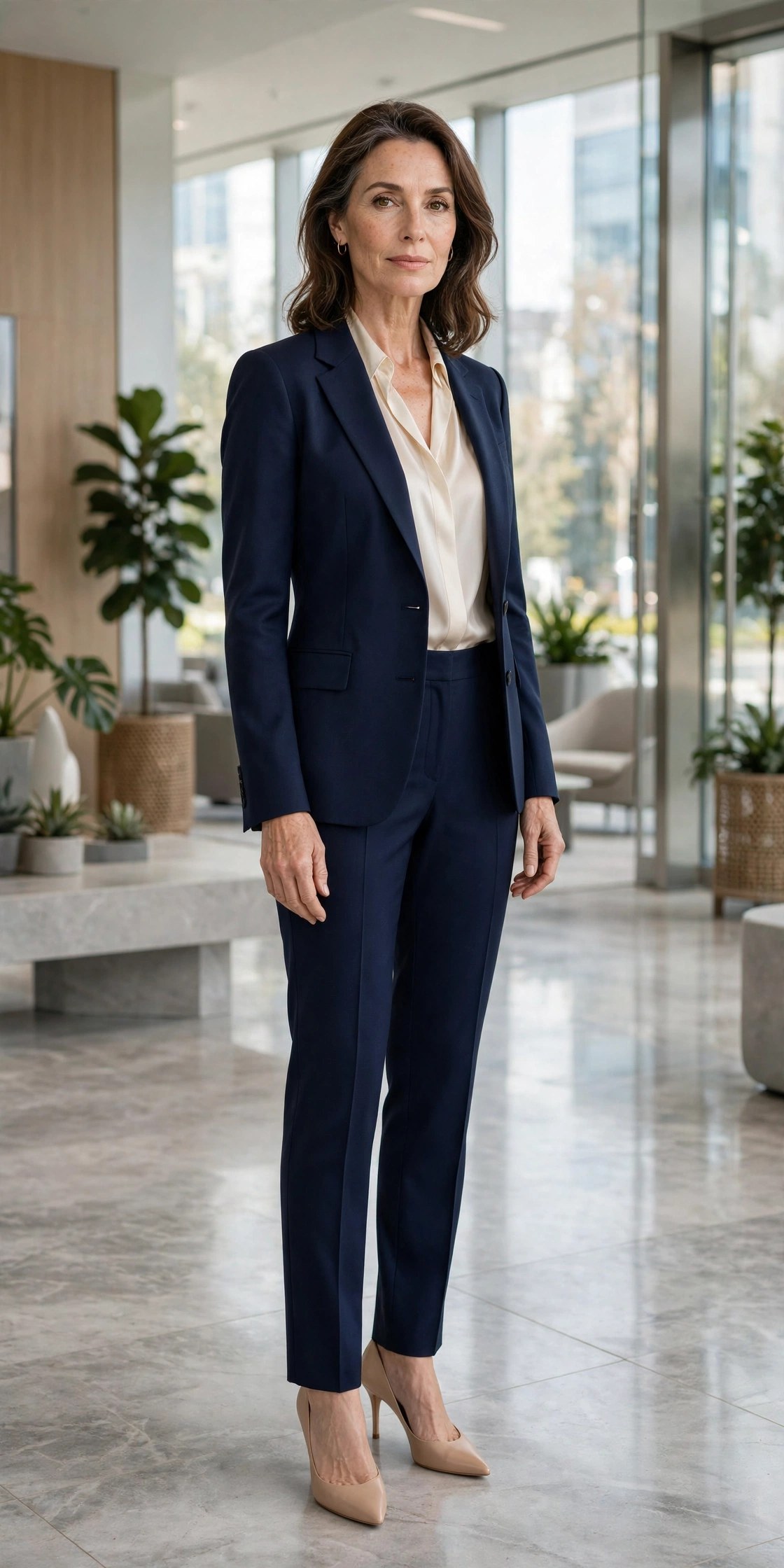 Elegant woman over 50 in tailored navy pantsuit with cream silk blouse